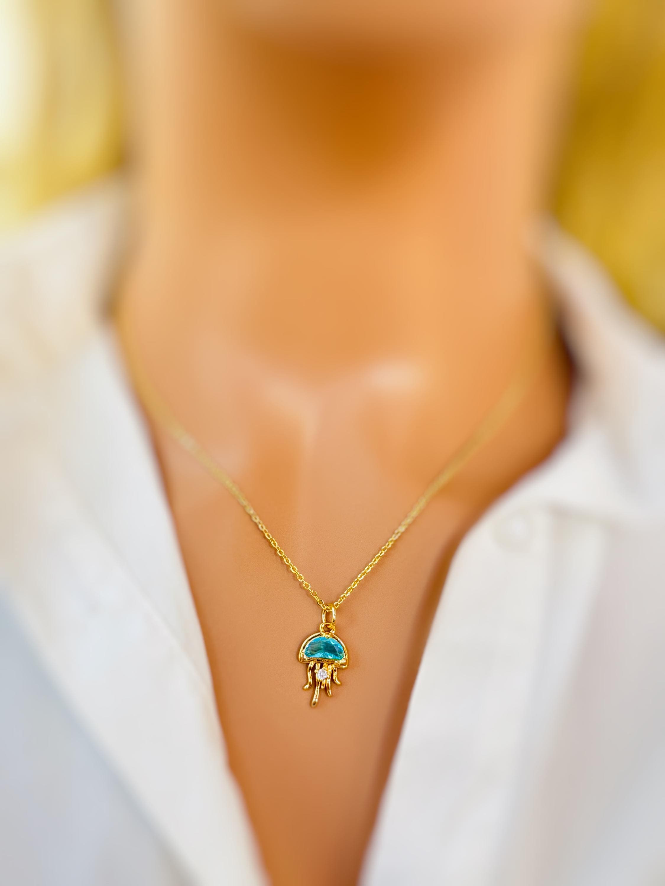 Dainty Gold Jellyfish Necklace handmade beach jewelry unique aqua blue crystal ocean pendant gift for surfers, swimmers, sister daughter mom