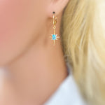 North Star Earrings dangle gold Huggie Hoops dainty minimalist blue Polaris charm aqua crystal earrings handmade jewelry gift for daughter
