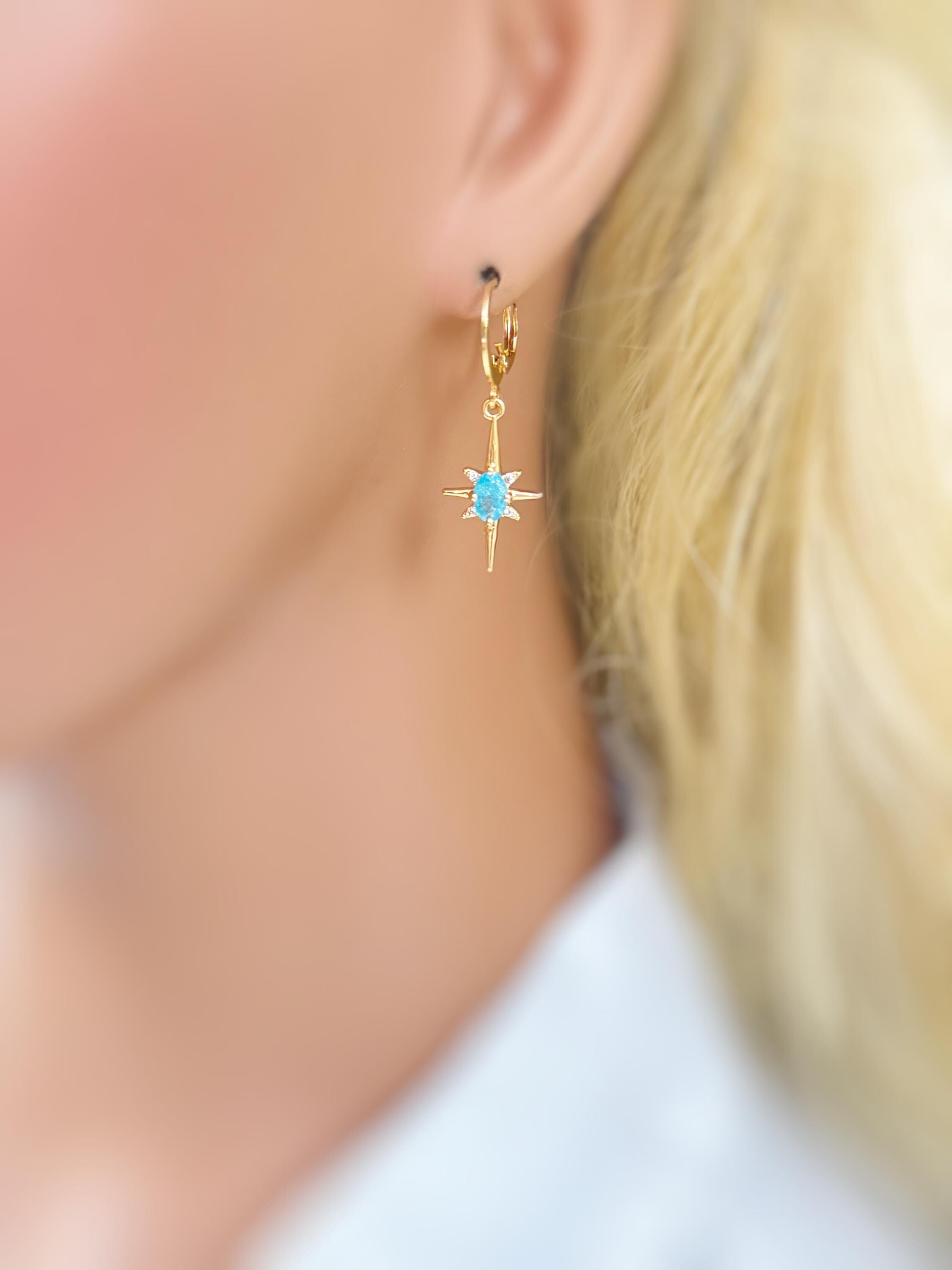 North Star Earrings dangle gold Huggie Hoops dainty minimalist blue Polaris charm aqua crystal earrings handmade jewelry gift for daughter