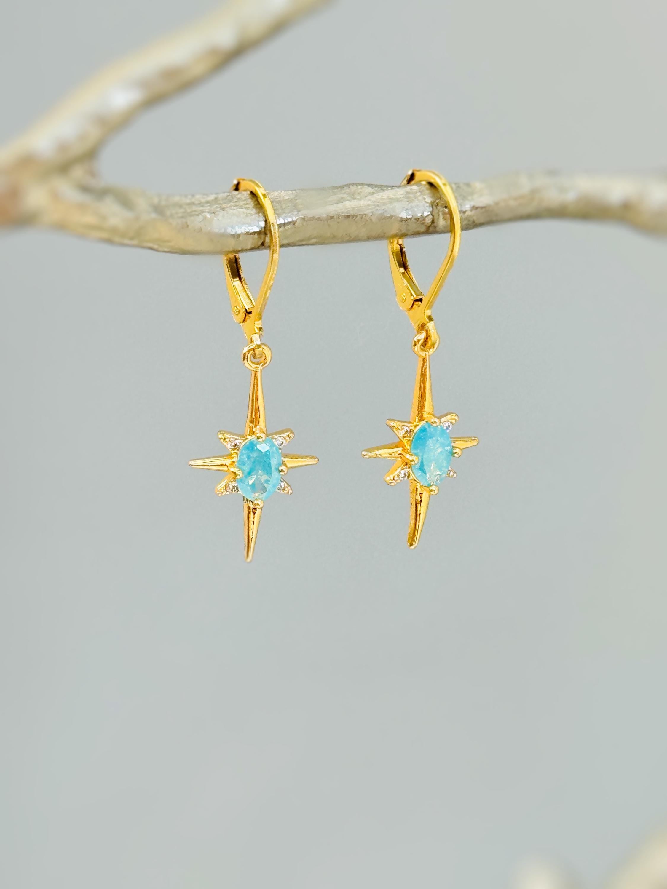North Star Earrings dangle gold Huggie Hoops dainty minimalist blue Polaris charm aqua crystal earrings handmade jewelry gift for daughter