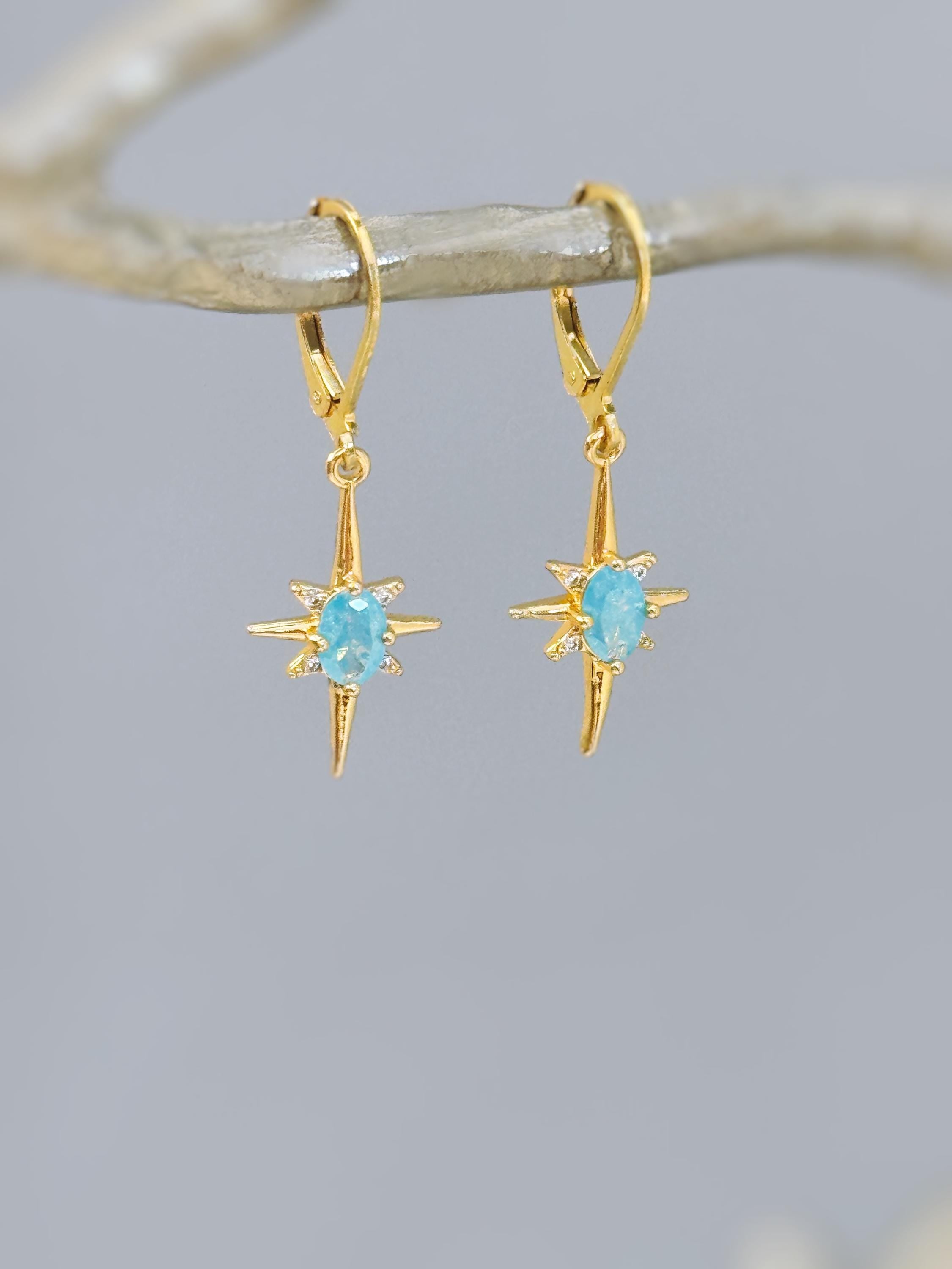 North Star Earrings dangle gold Huggie Hoops dainty minimalist blue Polaris charm aqua crystal earrings handmade jewelry gift for daughter