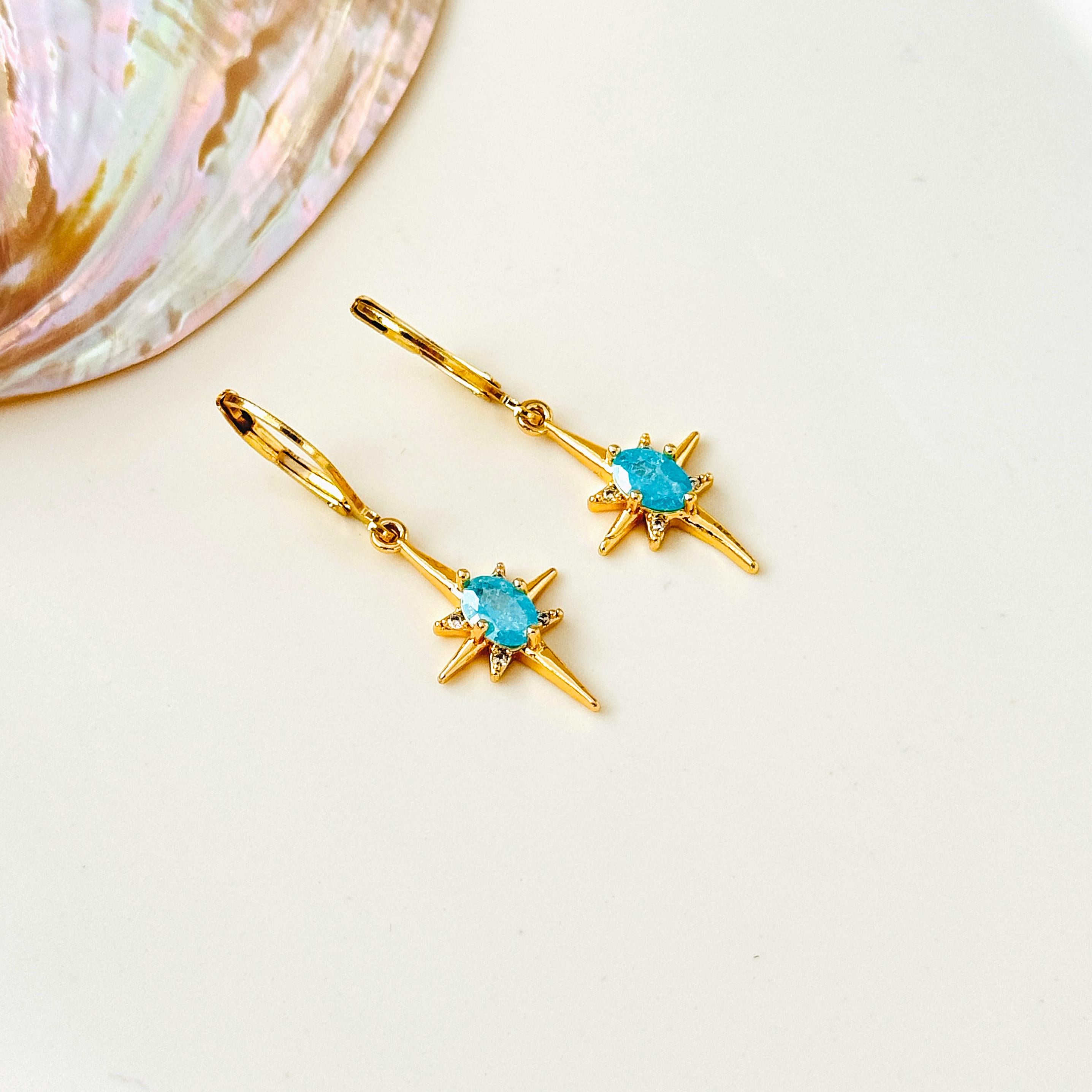 North Star Earrings dangle gold Huggie Hoops dainty minimalist blue Polaris charm aqua crystal earrings handmade jewelry gift for daughter