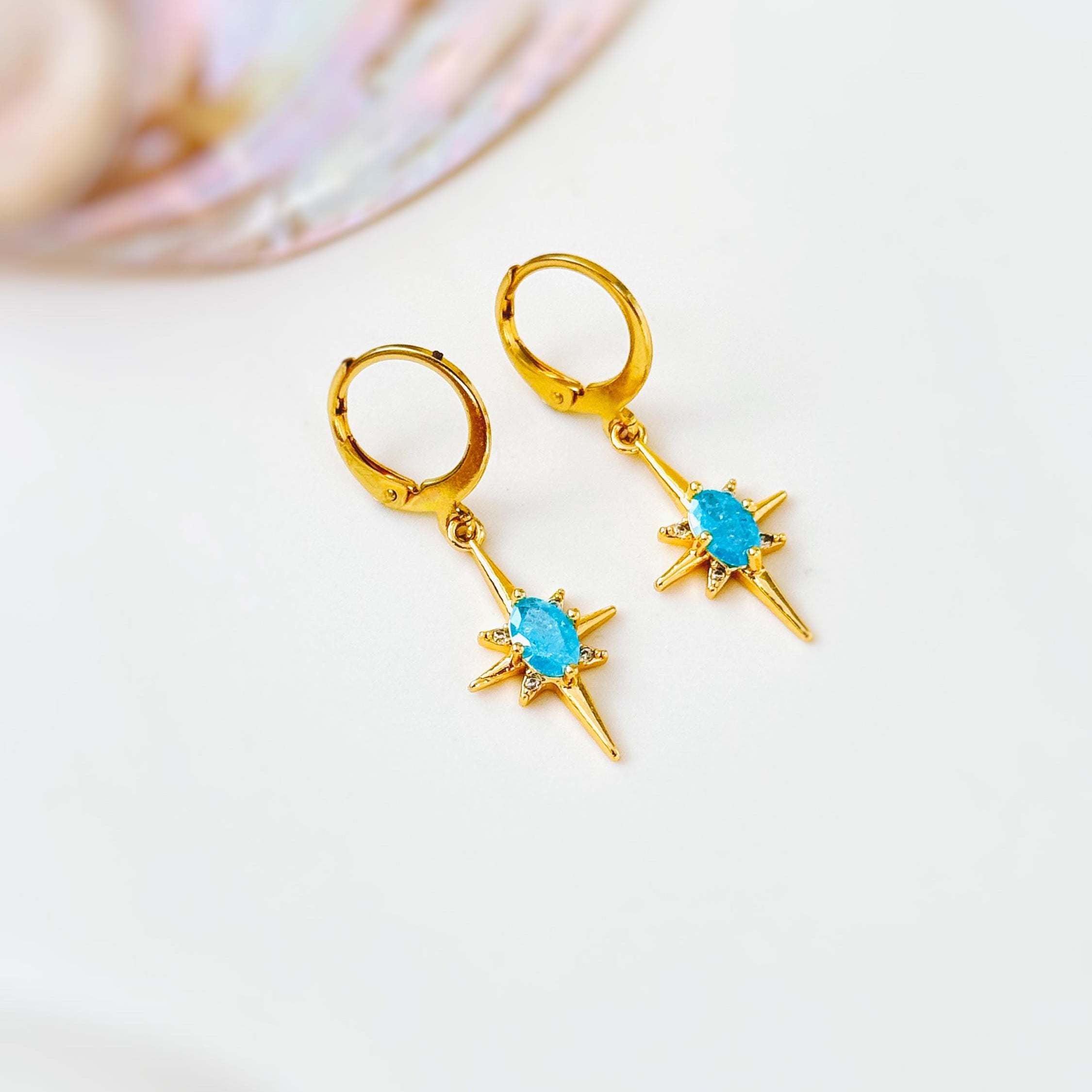 North Star Earrings dangle gold Huggie Hoops dainty minimalist blue Polaris charm crystal earrings handmade jewelry gift for daughter, bff