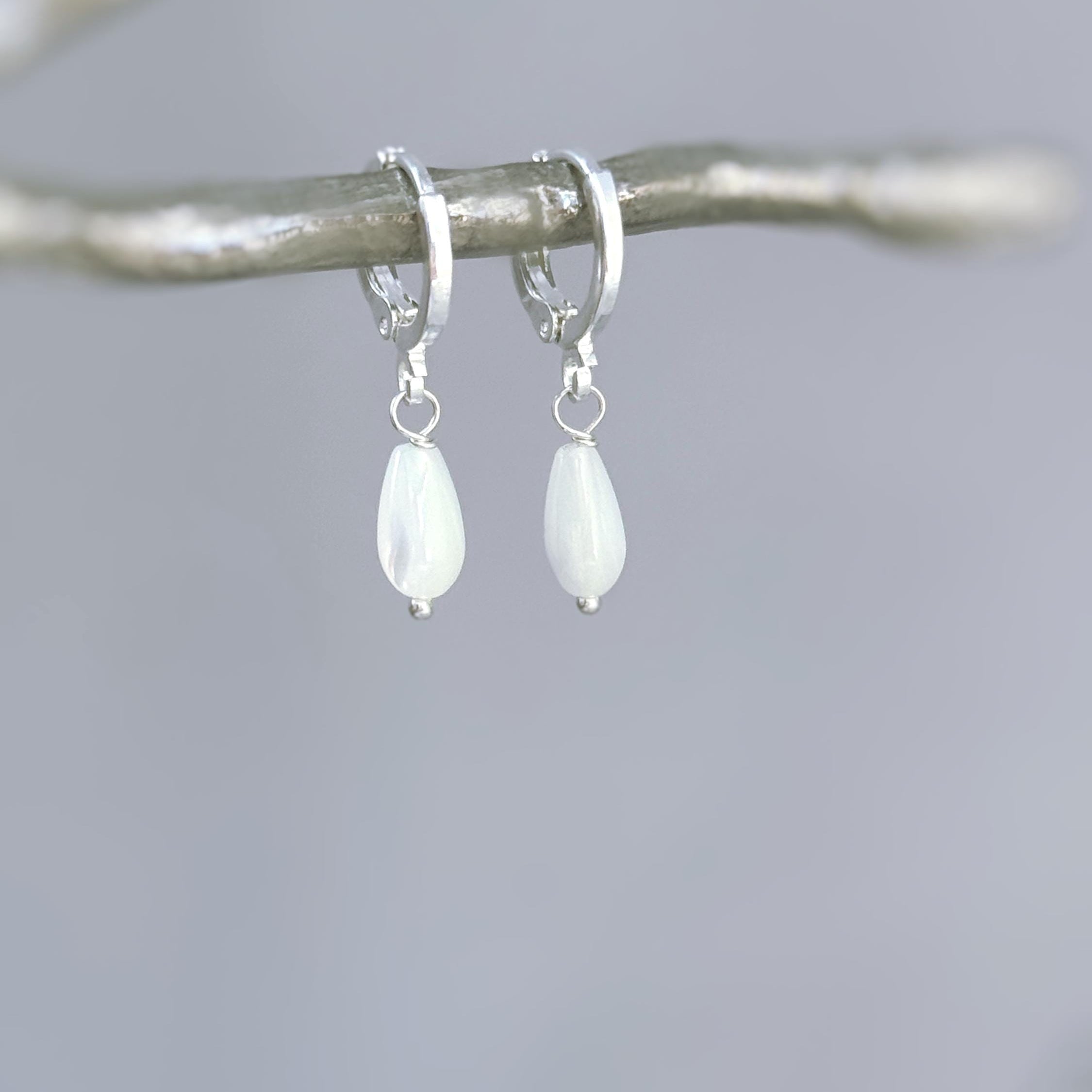 Dainty Silver Mother of Pearl Earrings Silver, Gold, Rose Gold Huggie Hoops minimalist teardrop dangle earrings handmade bridesmaid gift