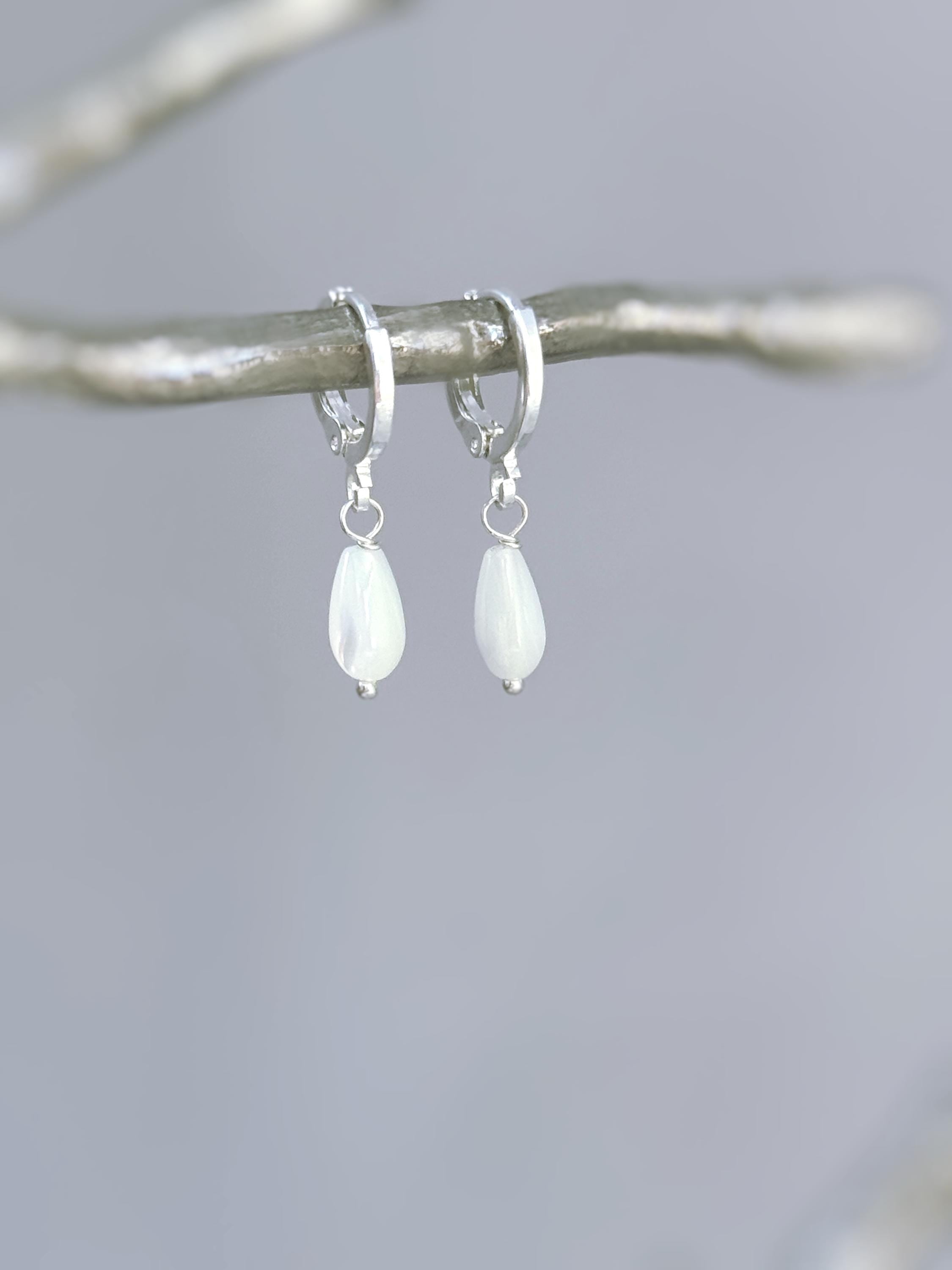 Dainty Silver Mother of Pearl Earrings Silver, Gold, Rose Gold Huggie Hoops minimalist teardrop dangle earrings handmade bridesmaid gift