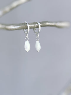 Dainty Silver Mother of Pearl Earrings Silver, Gold, Rose Gold Huggie Hoops minimalist teardrop dangle earrings handmade bridesmaid gift