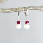 Dainty Pearl and Ruby Earrings dangle 14k gold Sterling Silver dangly handmade red gemstone freshwater pearl jewelry July birthstone gift
