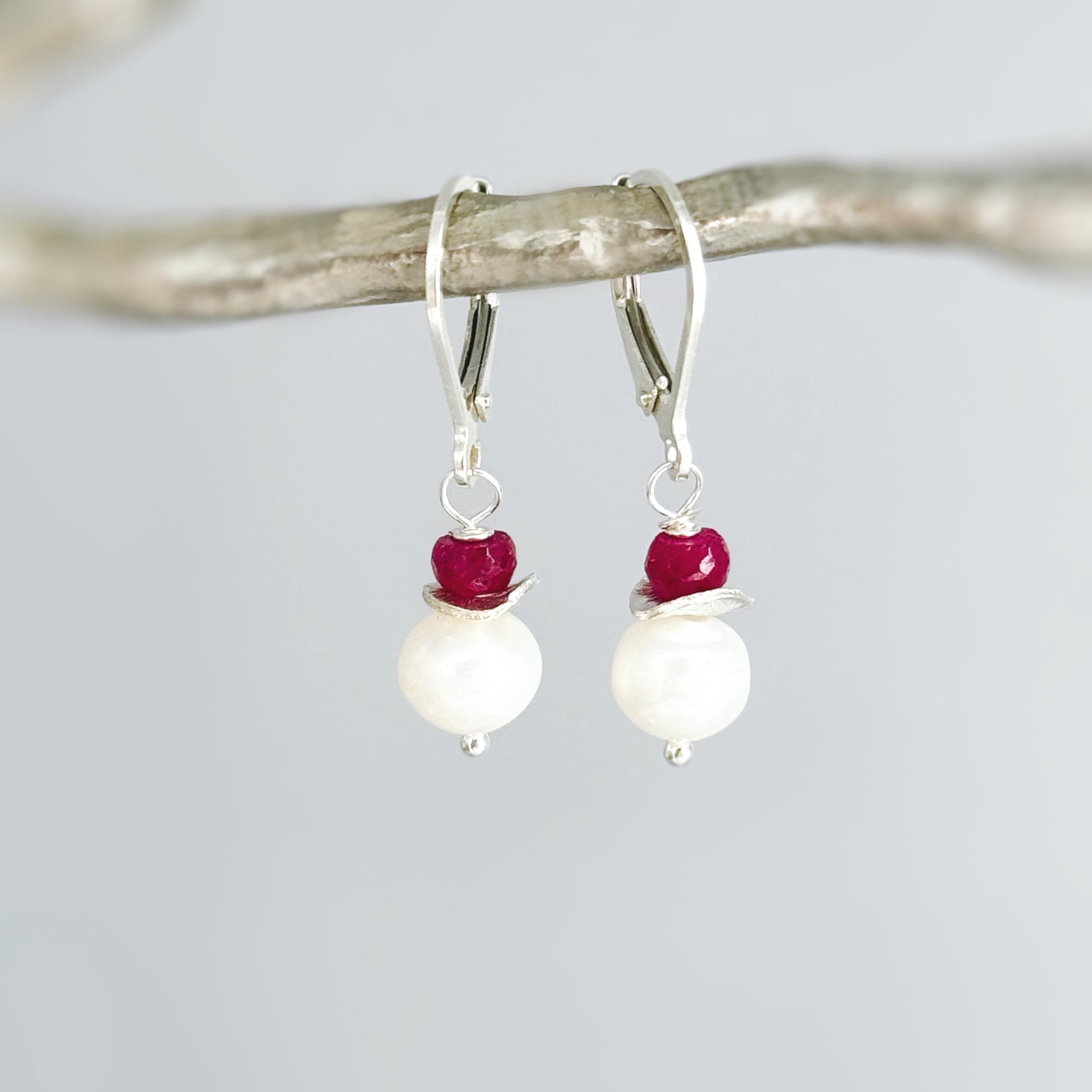 Dainty Pearl and Ruby Earrings dangle 14k gold Sterling Silver dangly handmade red gemstone freshwater pearl jewelry July birthstone gift