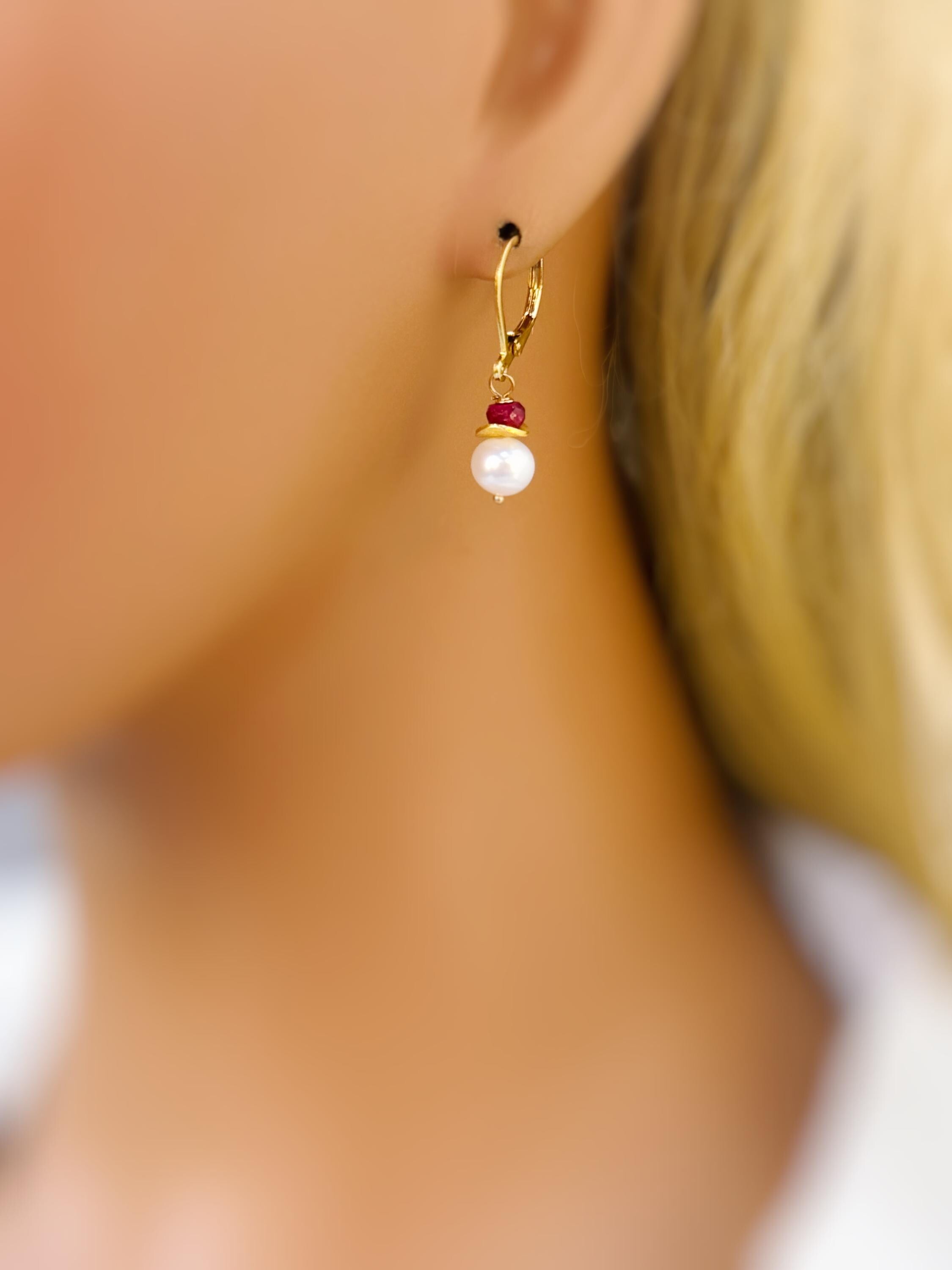 Dainty Pearl and Ruby Earrings dangle 14k gold Sterling Silver dangly handmade red gemstone freshwater pearl jewelry July birthstone gift