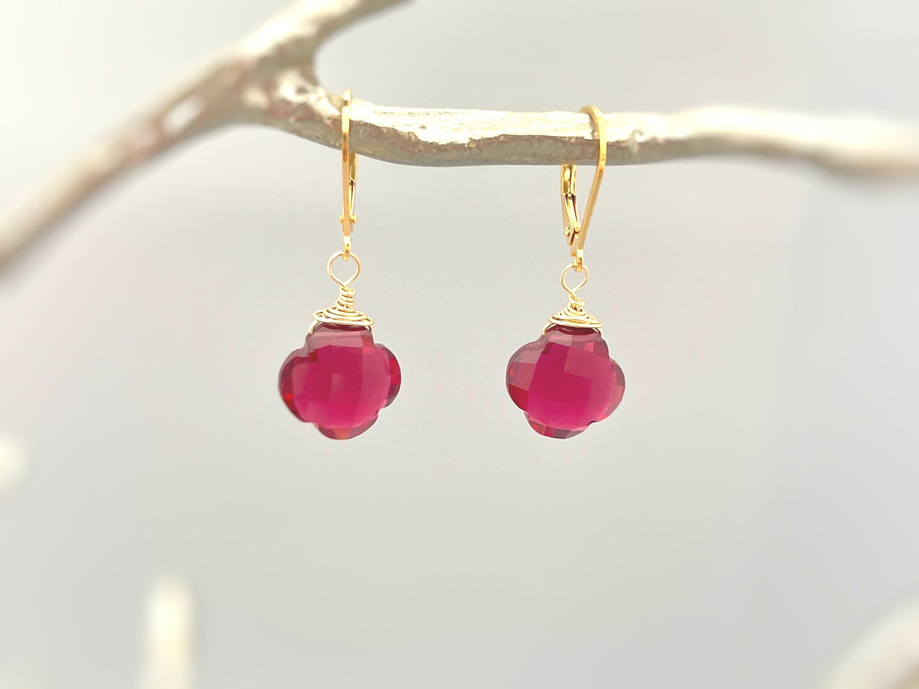 Ruby Red Quartz Clover Earrings