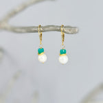 Dainty Pearl and Emerald Earrings dangle 14k gold, Sterling Silver dangly handmade green gemstone freshwater pearl jewelry May birthstone