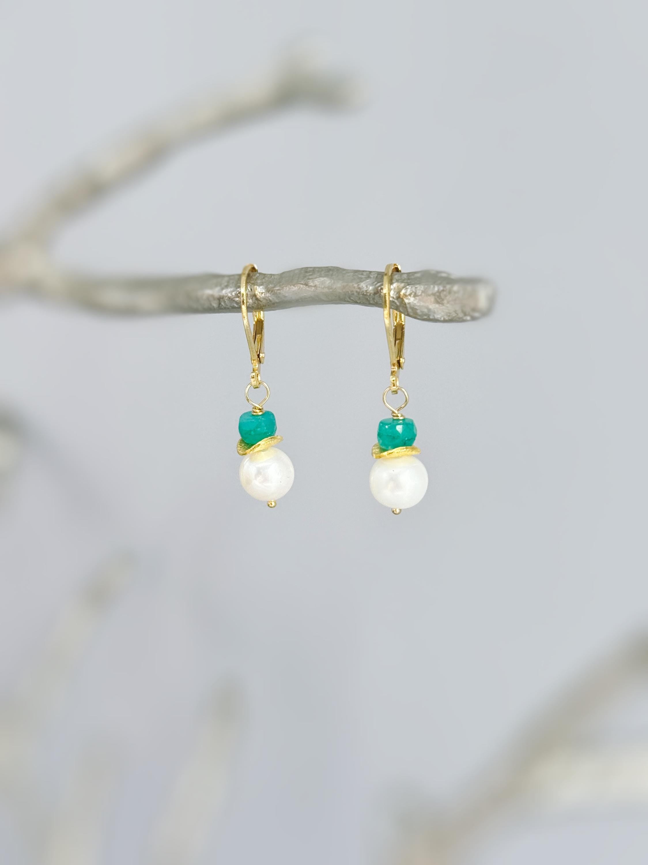 Dainty Pearl and Emerald Earrings dangle 14k gold, Sterling Silver dangly handmade green gemstone freshwater pearl jewelry May birthstone