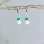 Dainty Pearl and Emerald Earrings dangle 14k gold, Sterling Silver dangly handmade green gemstone freshwater pearl jewelry May birthstone