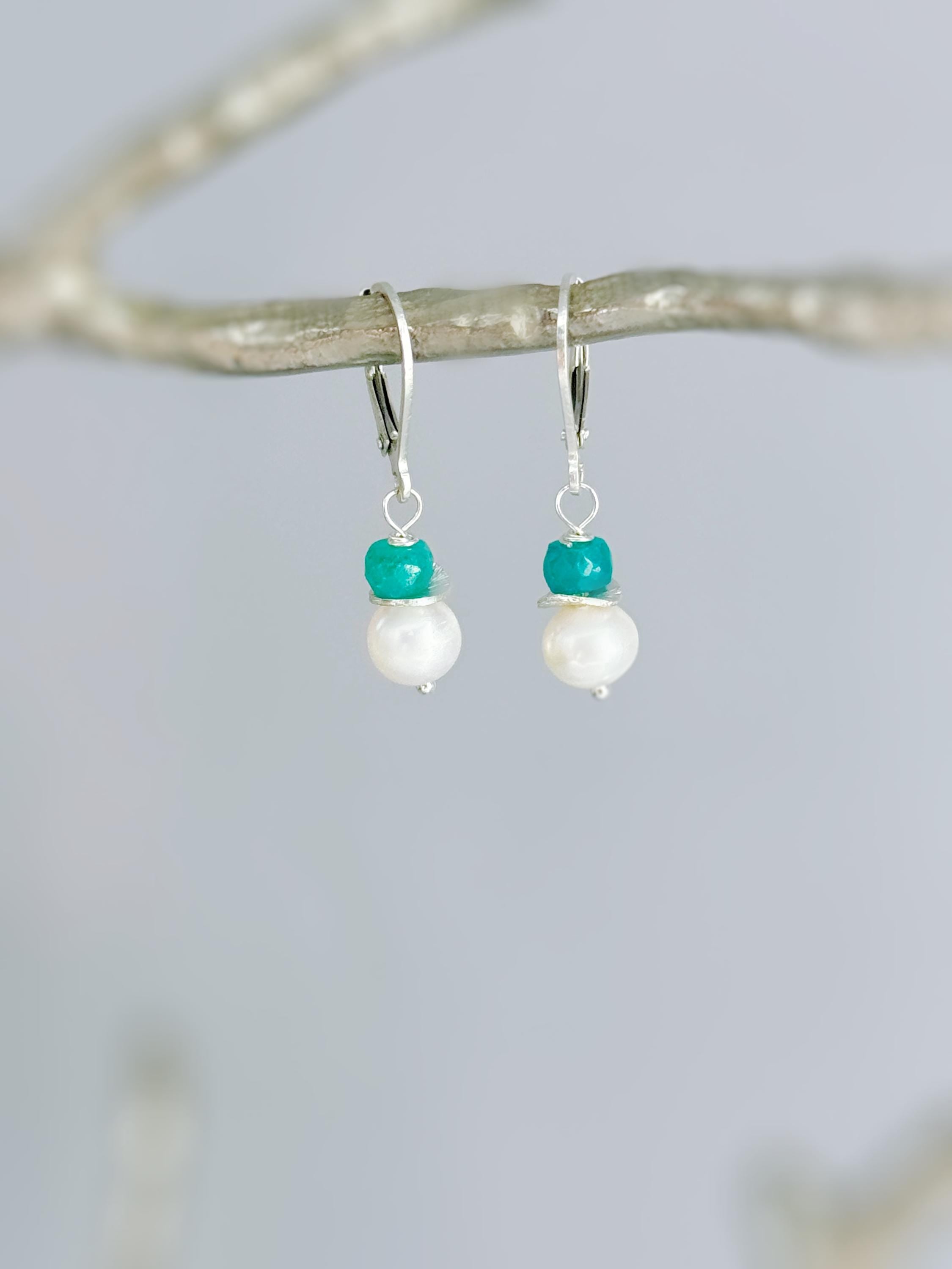 Dainty Pearl and Emerald Earrings dangle 14k gold, Sterling Silver dangly handmade green gemstone freshwater pearl jewelry May birthstone