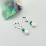 Dainty Pearl and Emerald Earrings dangle 14k gold, Sterling Silver dangly handmade green gemstone freshwater pearl jewelry May birthstone