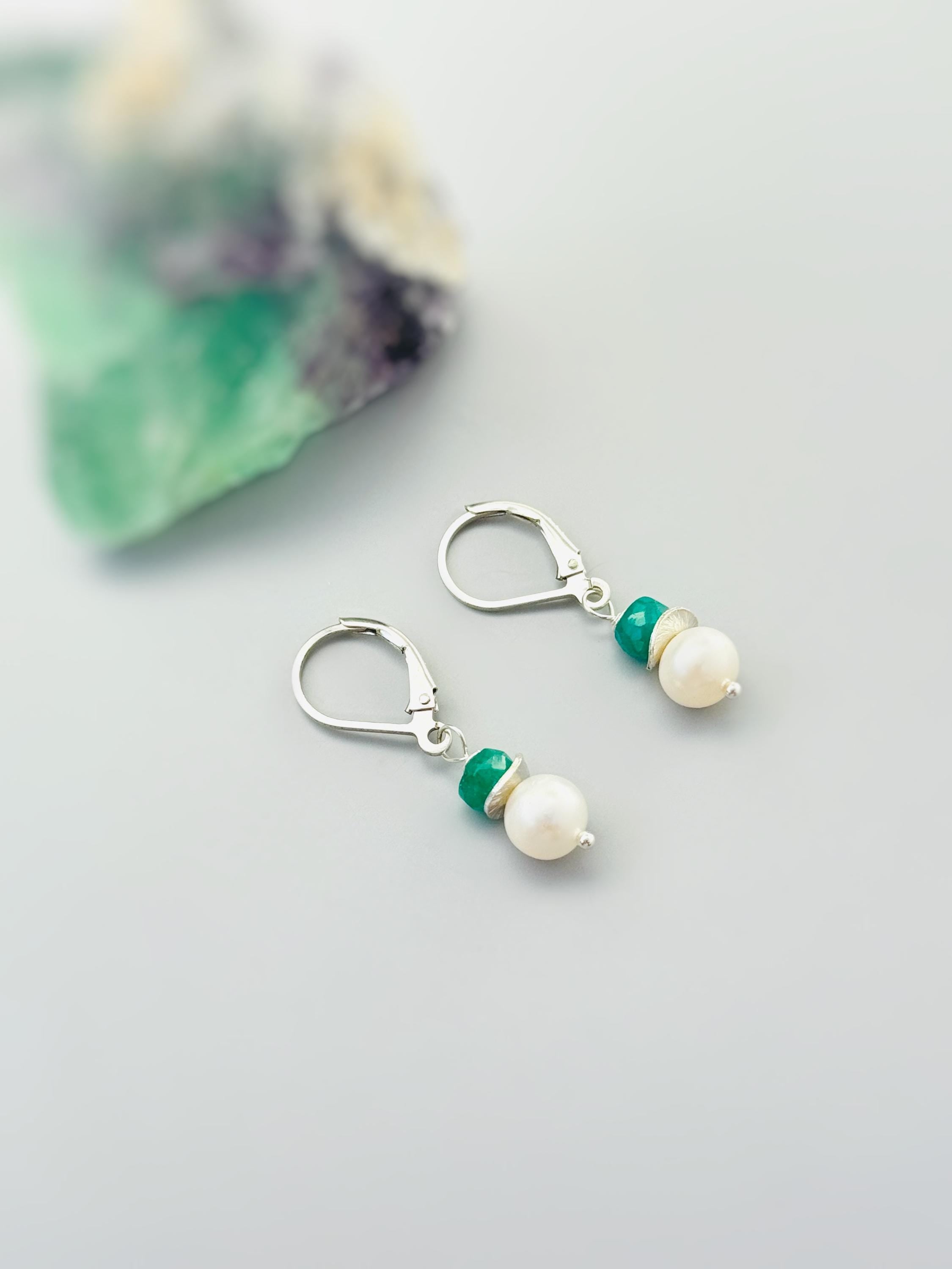Dainty Pearl and Emerald Earrings dangle 14k gold, Sterling Silver dangly handmade green gemstone freshwater pearl jewelry May birthstone