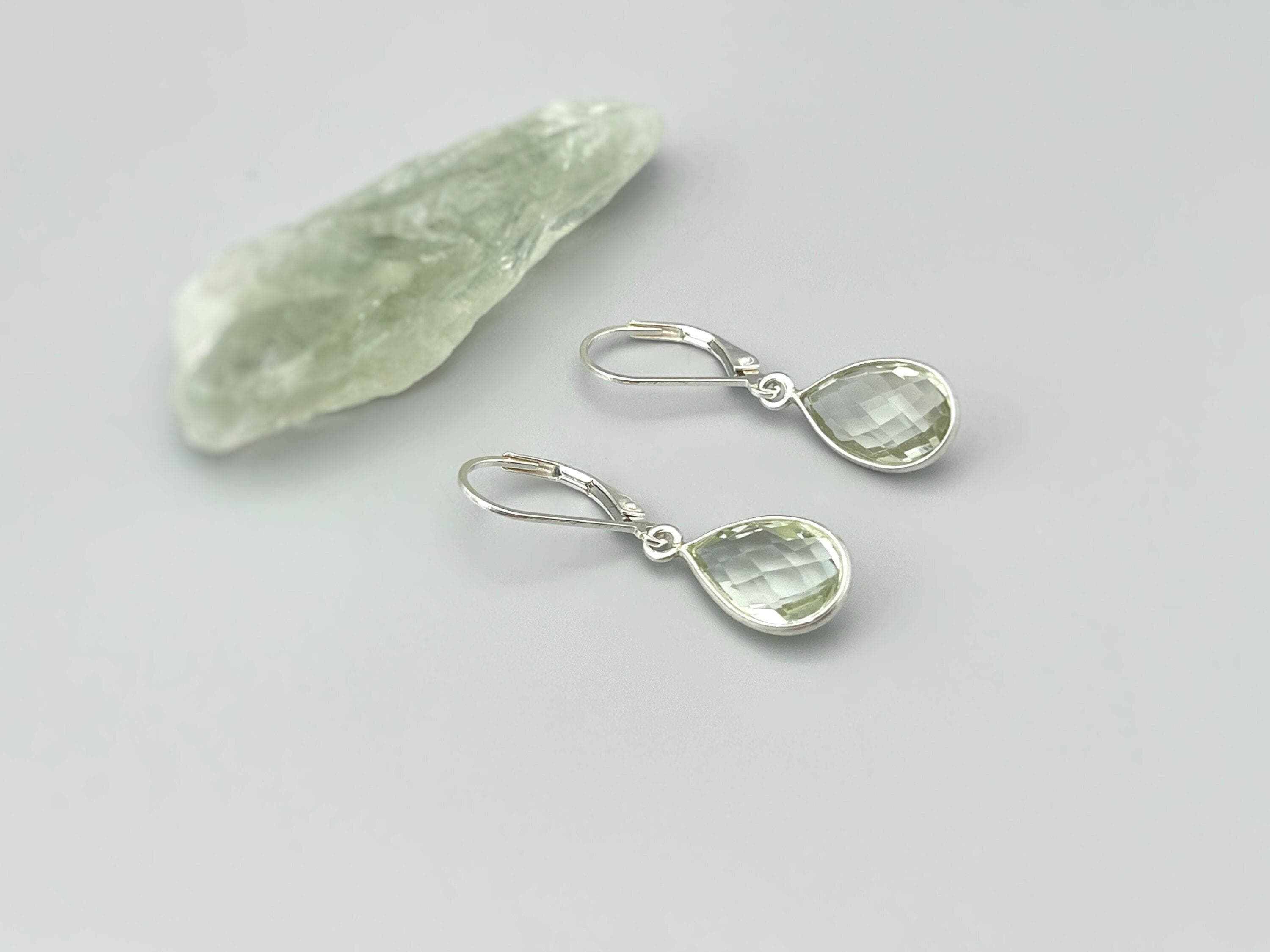 Dainty Green Amethyst earrings Dangle Sterling Silver sage green Prasiolite Gemstone dangly drop earrings Handmade Jewelry gift for wife