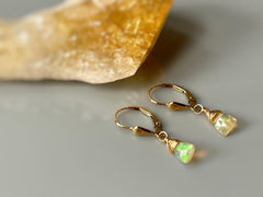 Dainty Opal earrings 14k Gold Dangly genuine Ethiopian Fire Opal Leverbacks natural real opal jewelry October Birth Stone gift for wife, mom