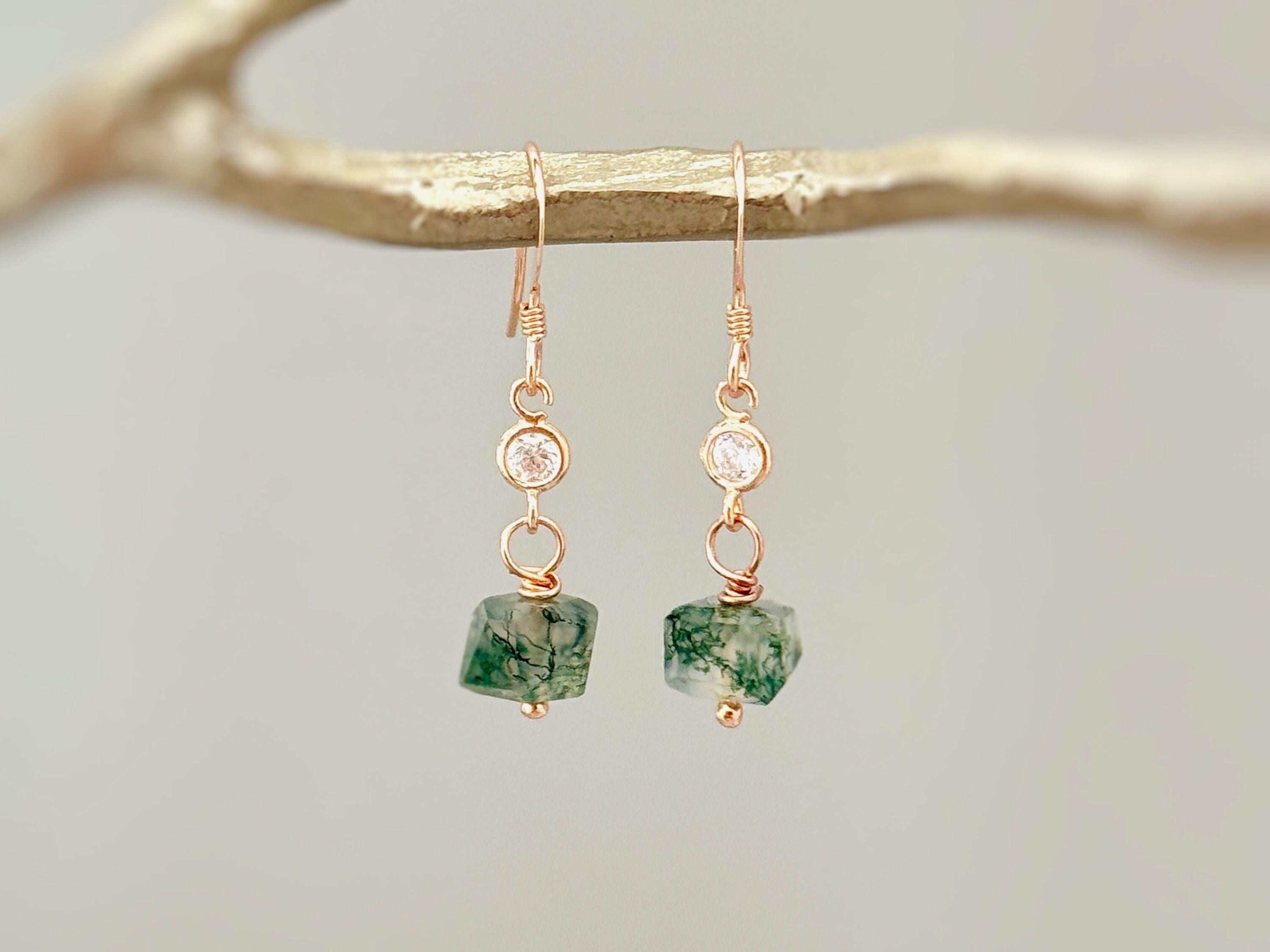 Dangly Moss Agate Earrings dainty raw gemstone crystal earrings Rose Gold, Sterling Silver, 14k Gold Handmade jewelry gift 14k Gold Fill