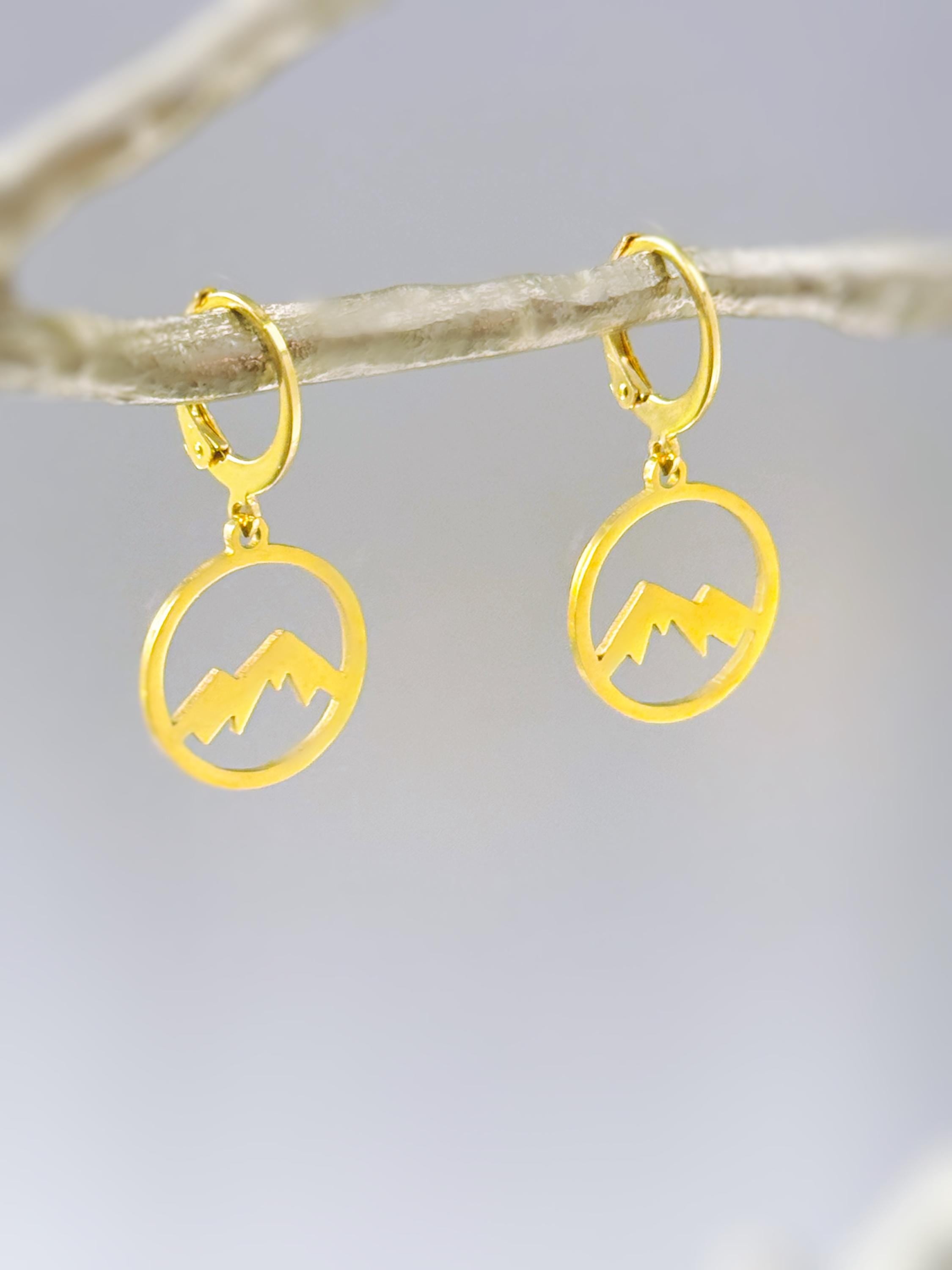 Silver Mountain Earrings Huggie Hoop dangle gold hoops handmade nature jewelry gift for hikers, campers, skiers bff Colorado smoky mountains