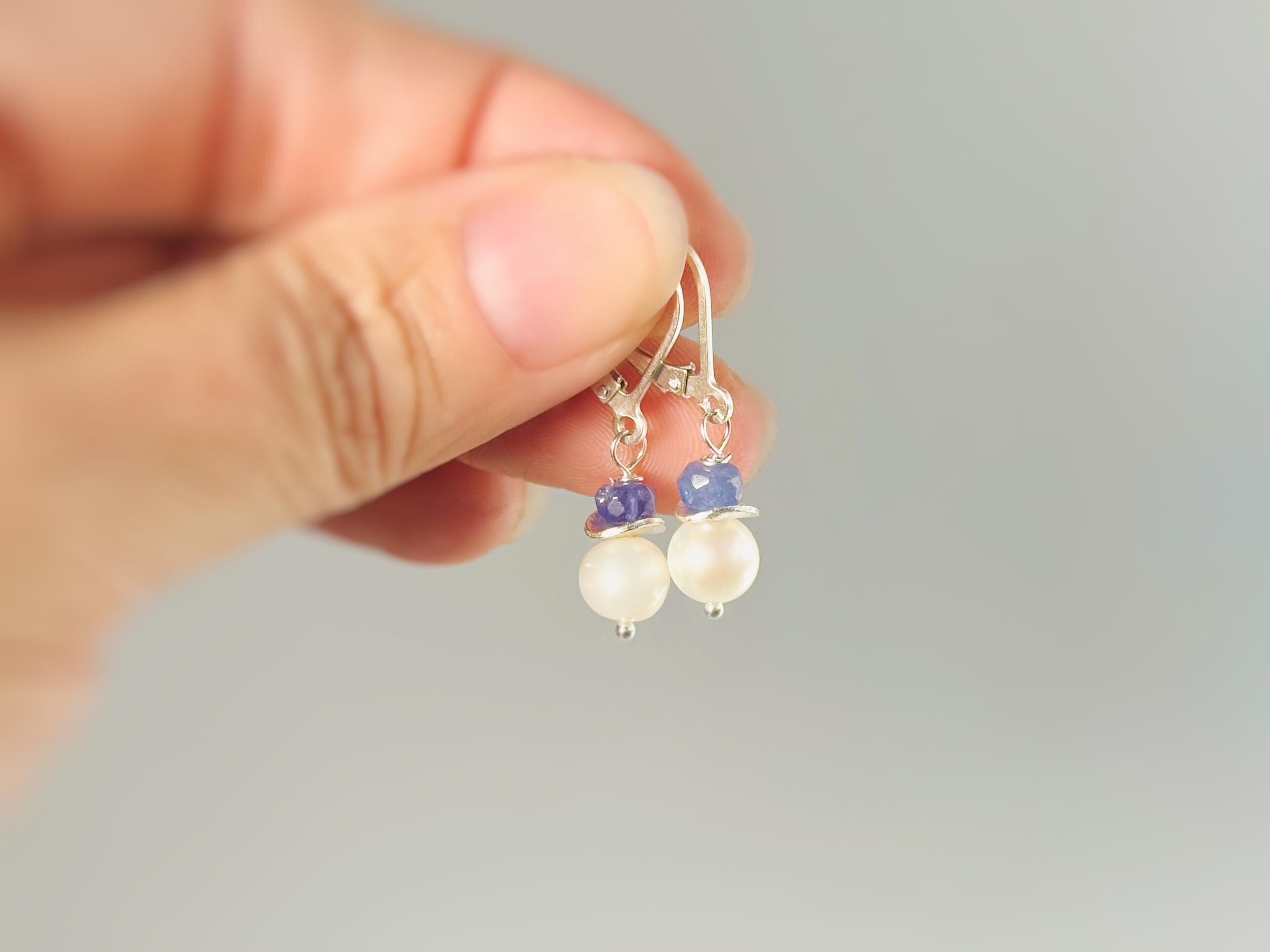 Dainty Tanzanite and Pearl Earrings dangle 14k gold , Sterling Silver handmade purple gemstone freshwater pearl jewelry December birthstone