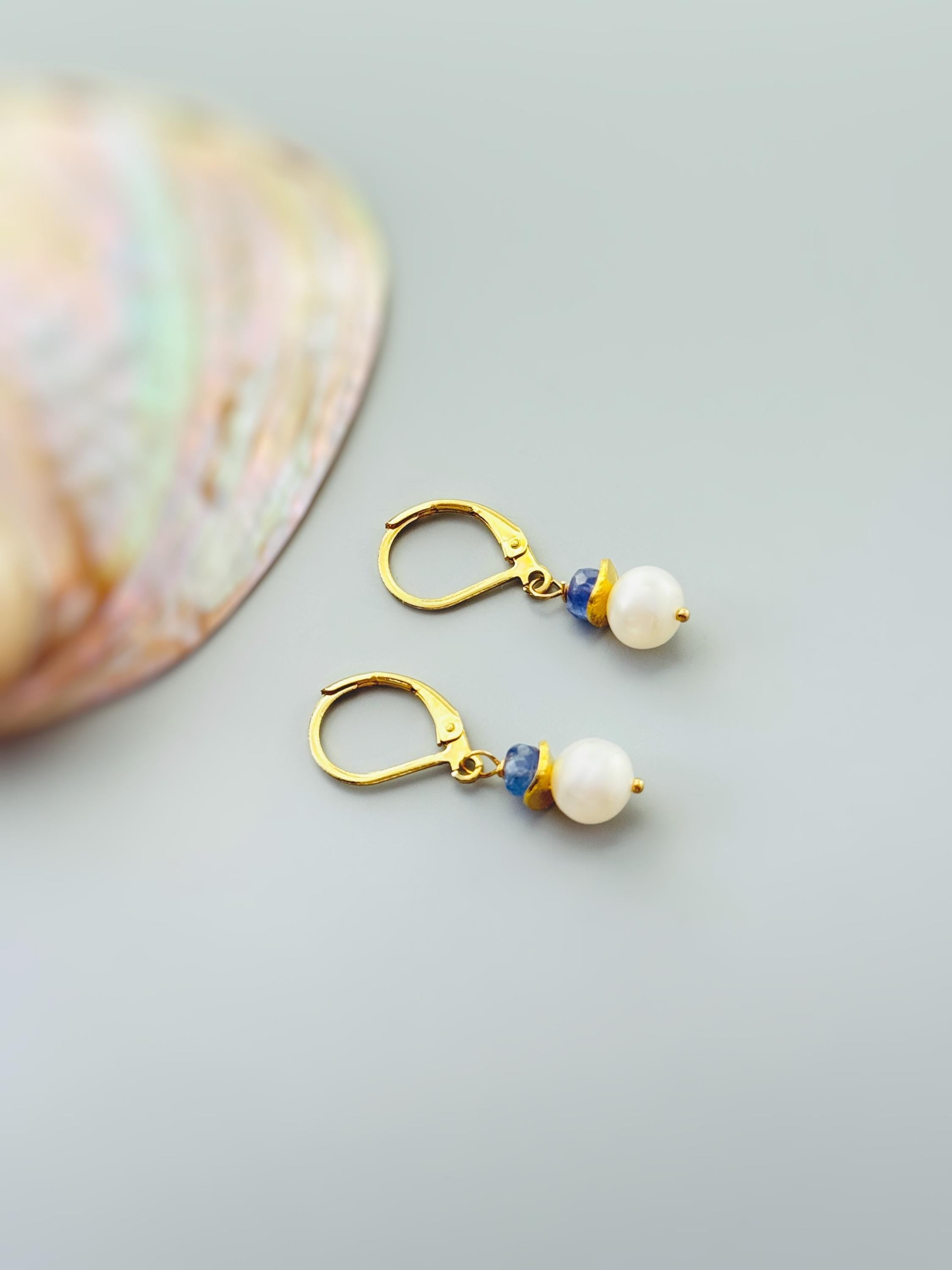 Dainty Pearl and Tanzanite Earrings dangle drop earrings 14k gold , Sterling Silver handmade purple gemstone freshwater pearl jewelry December birthstone