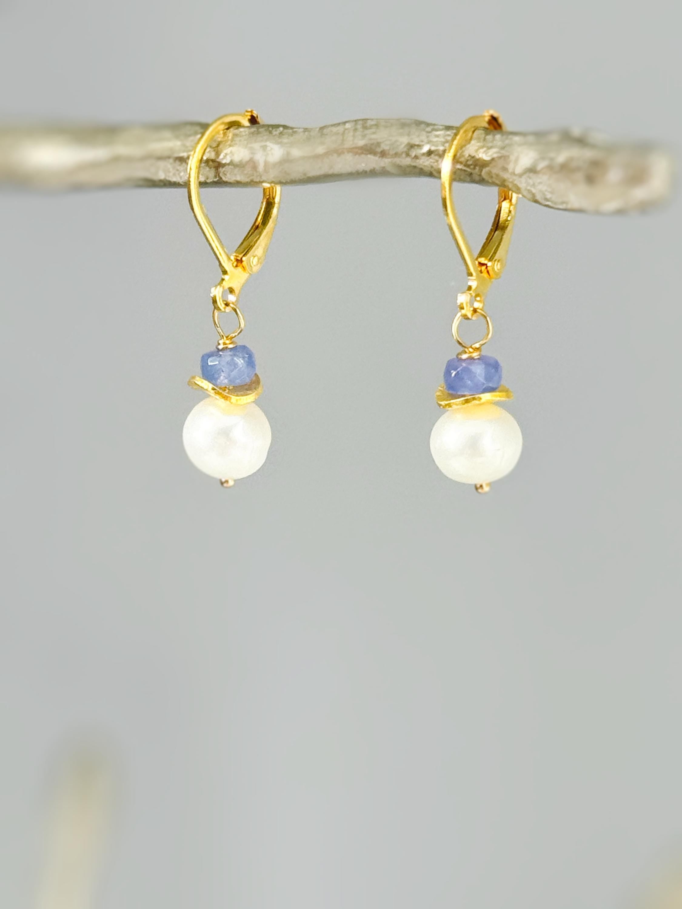 Dainty Tanzanite and Pearl Earrings dangle 14k gold , Sterling Silver handmade purple gemstone freshwater pearl jewelry December birthstone