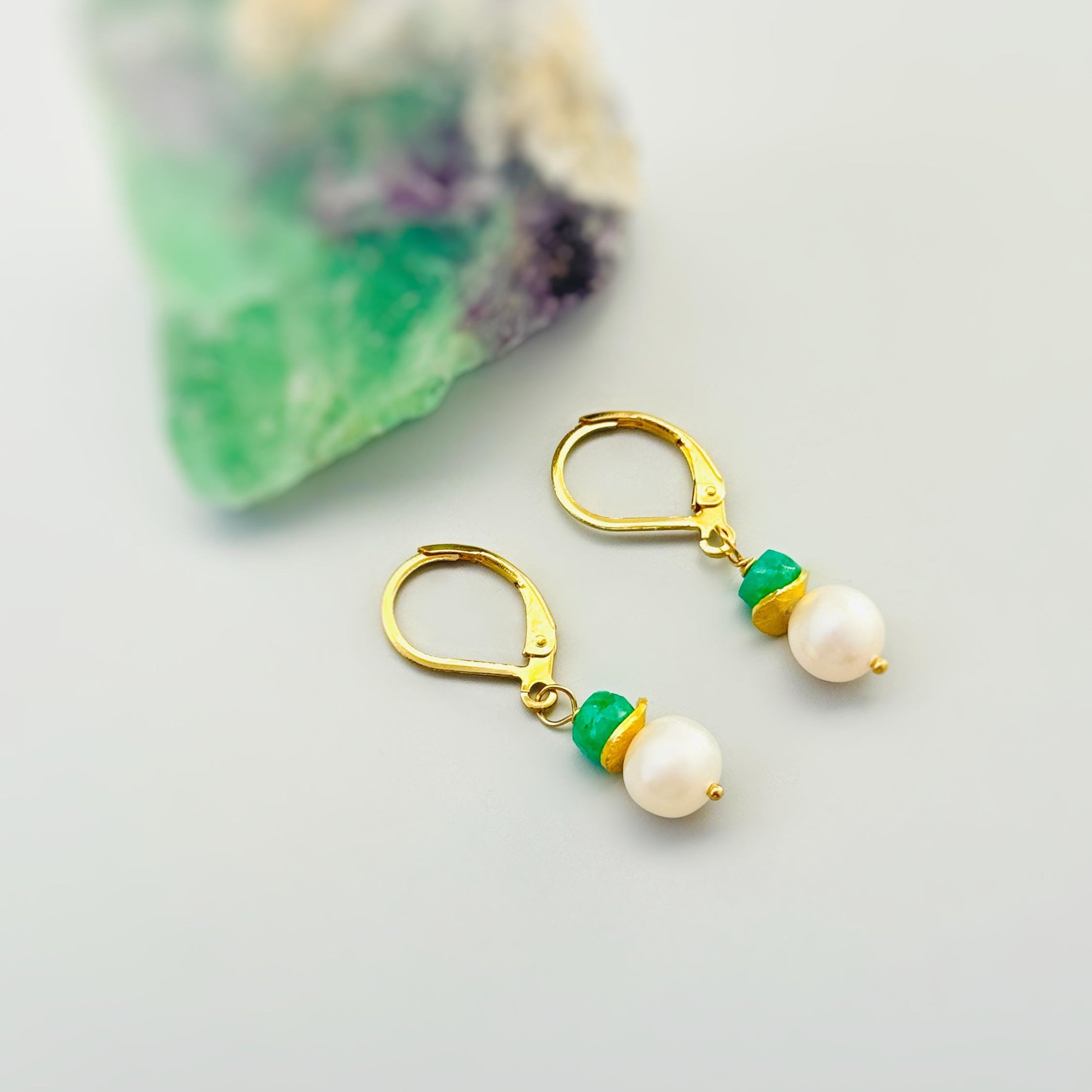Dainty Pearl and Emerald Earrings dangle 14k gold, Sterling Silver dangly handmade green gemstone freshwater pearl jewelry May birthstone