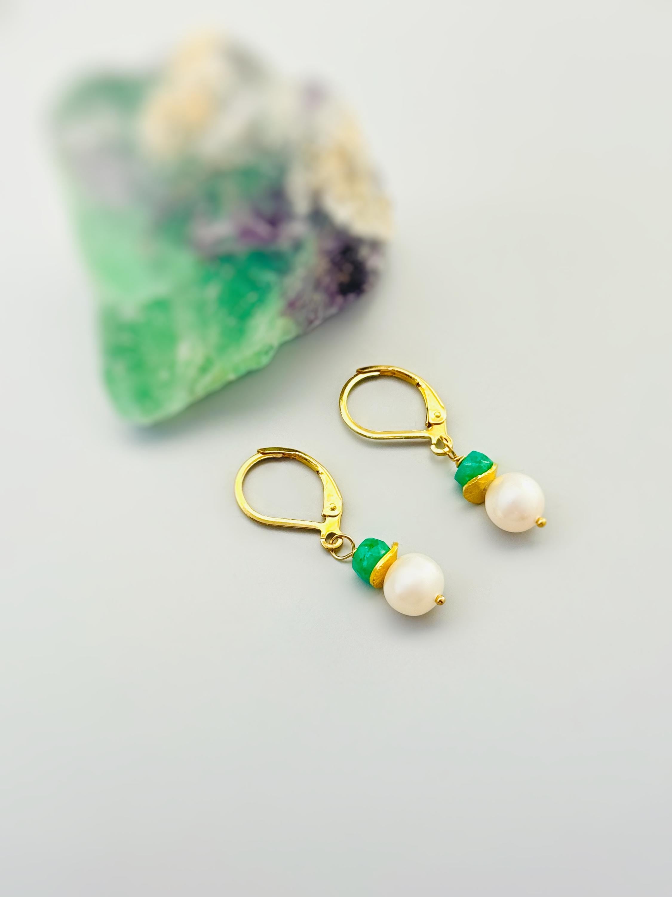 Dainty Pearl and Emerald Earrings dangle 14k gold, Sterling Silver dangly handmade green gemstone freshwater pearl jewelry May birthstone