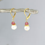 Dainty Pearl and Pink Sapphire Earrings dangle 14k gold Sterling Silver handmade gemstone freshwater pearl jewelry September birthstone gift