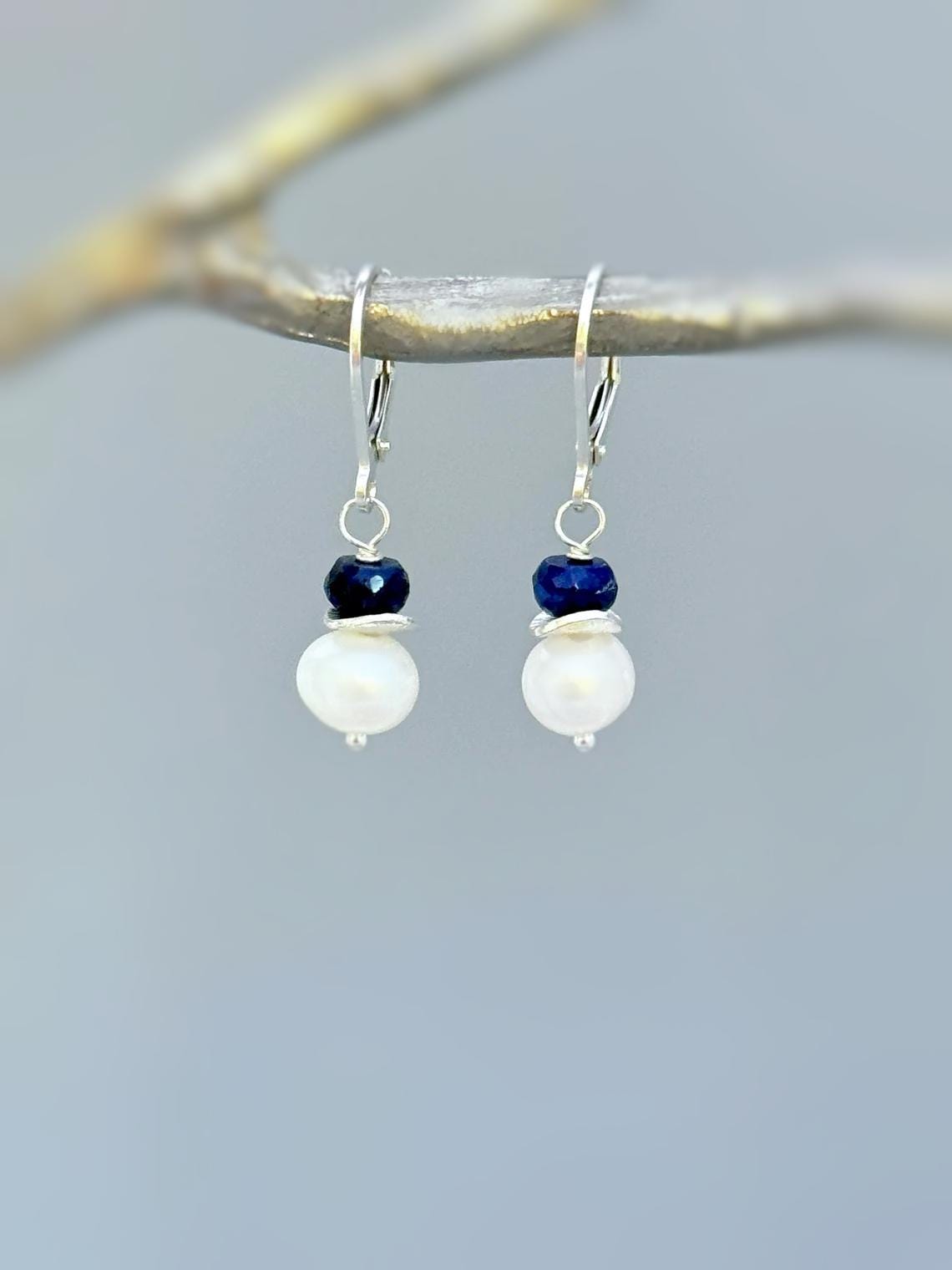 Pearl and Blue Sapphire Earrings dangle Sterling Silver Solid 14k gold dangly handmade gemstone pearl jewelry gift for wife, mom, daughter