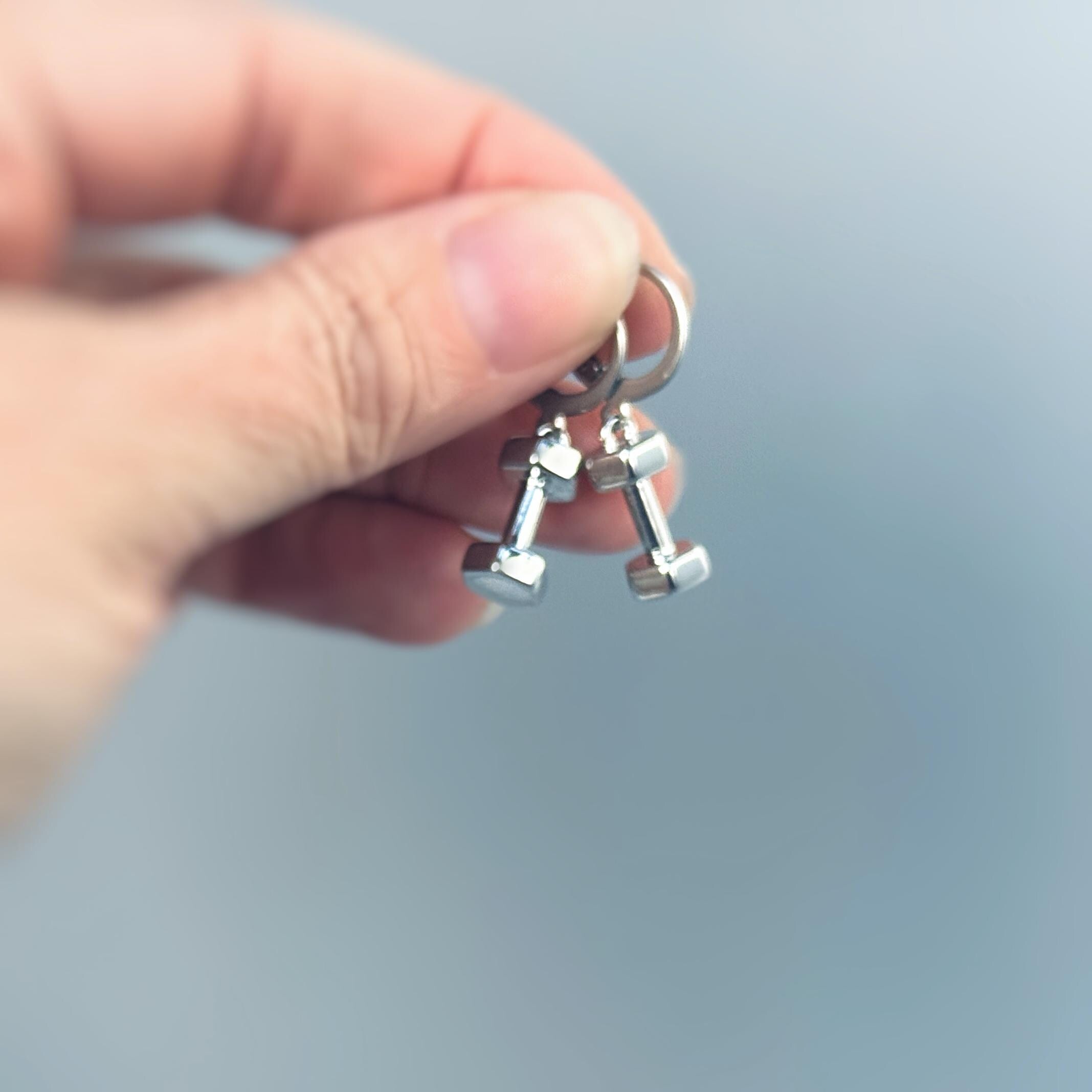 Gold, Silver Dumbbell Earrings Huggie Hoop dangle unique fitness accessories gym gift for personal trainers powerlifters, weightlifters, her