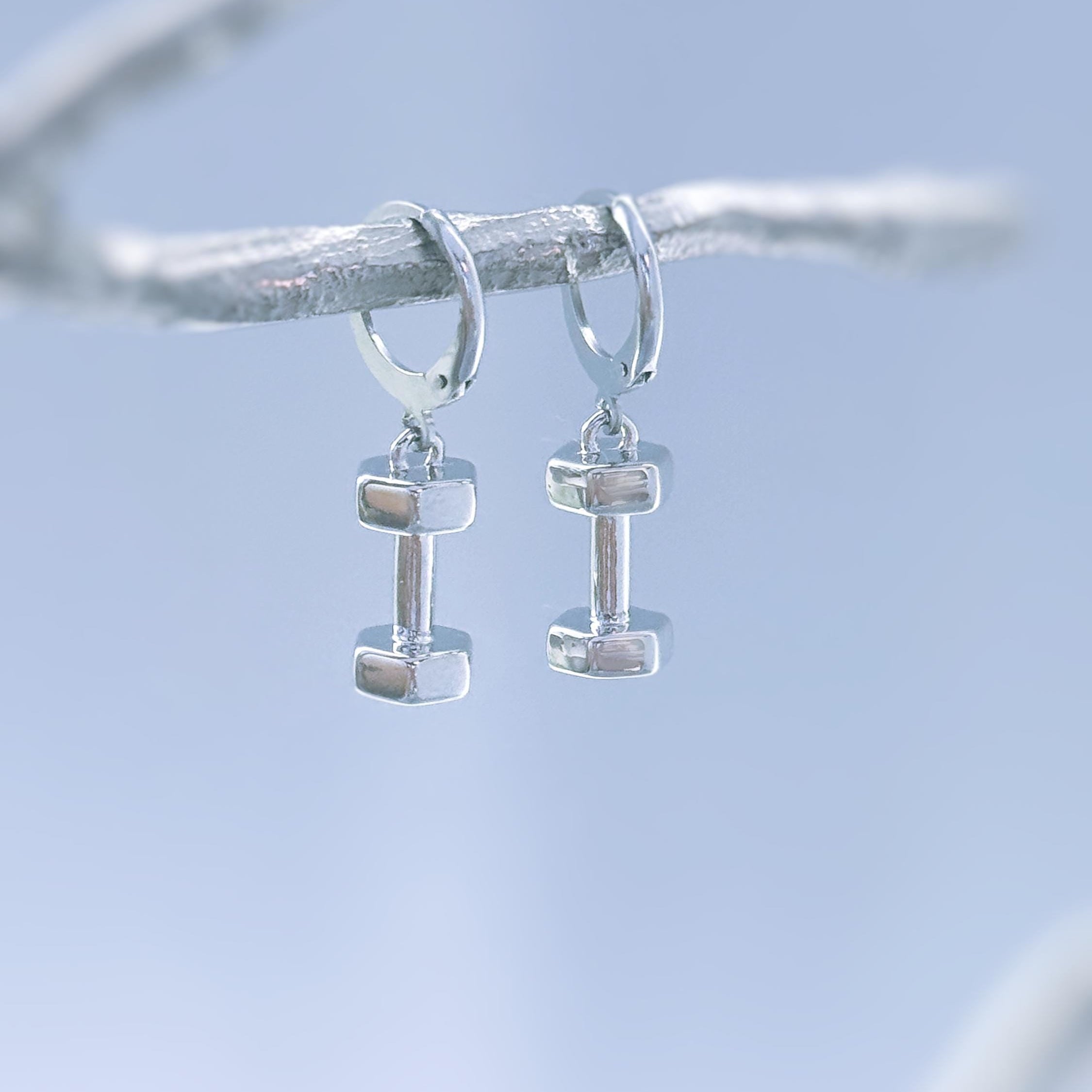 Gold, Silver Dumbbell Earrings Huggie Hoop dangle unique fitness accessories gym gift for personal trainers powerlifters, weightlifters, her