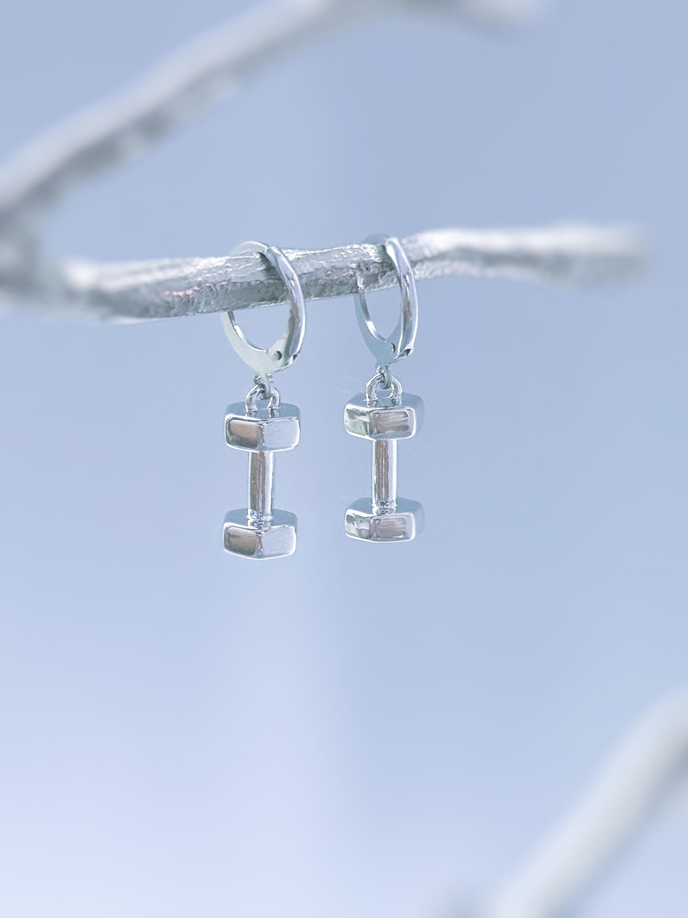 Gold, Silver Dumbbell Earrings Huggie Hoop dangle unique fitness accessories gym gift for personal trainers powerlifters, weightlifters, her