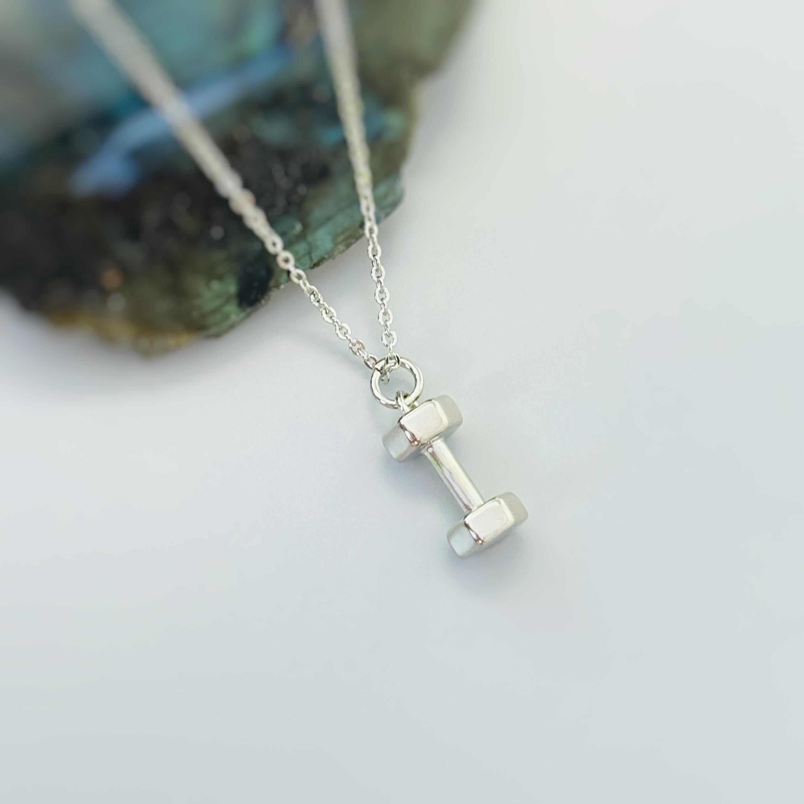 Dumbbell Necklace silver, gold unique fitness accessories gym gift for personal trainers, powerlifters, weightlifters, women, men, athletes