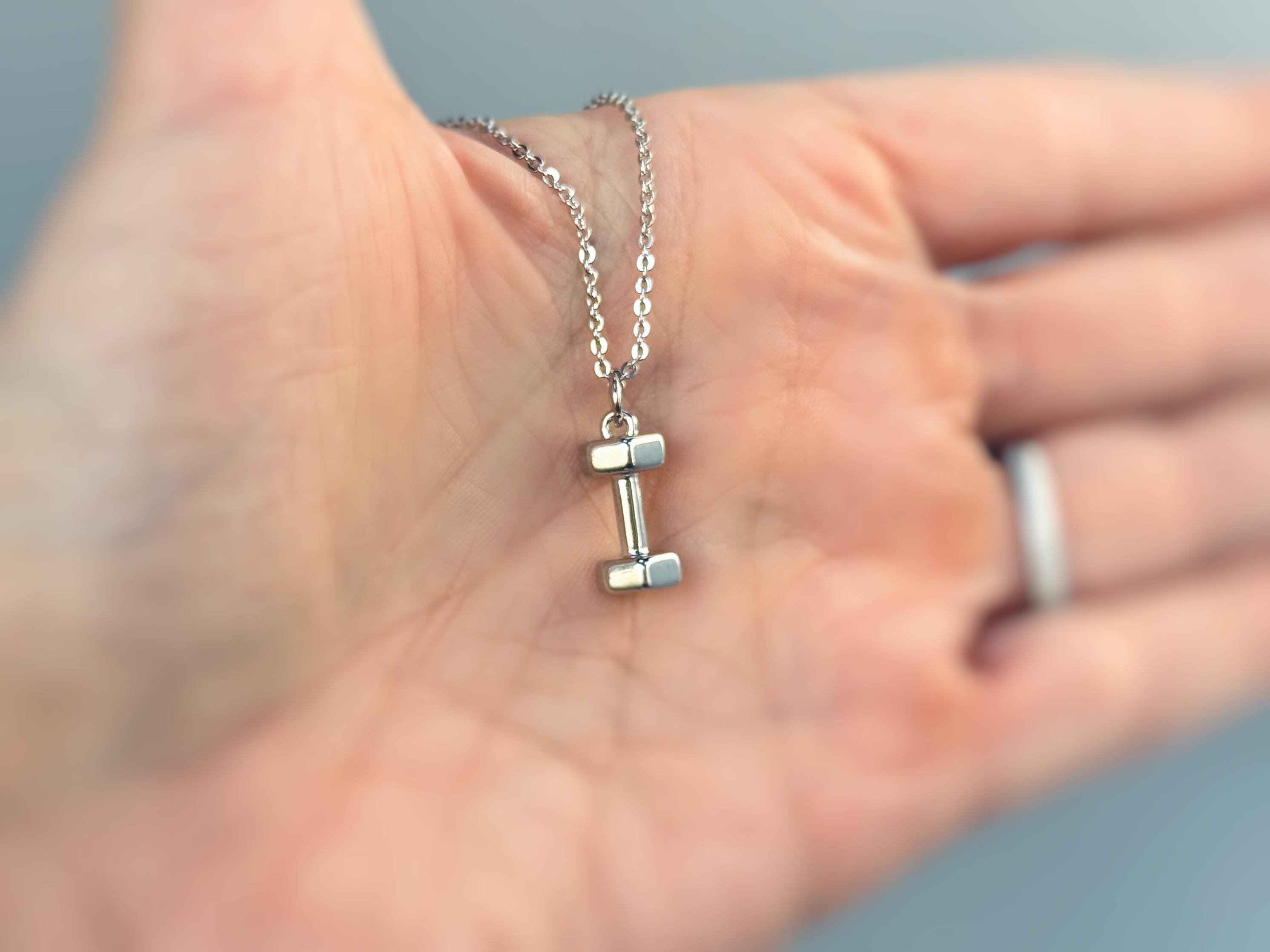 Dumbbell Necklace silver, gold unique fitness accessories gym gift for personal trainers, powerlifters, weightlifters, women, men, athletes