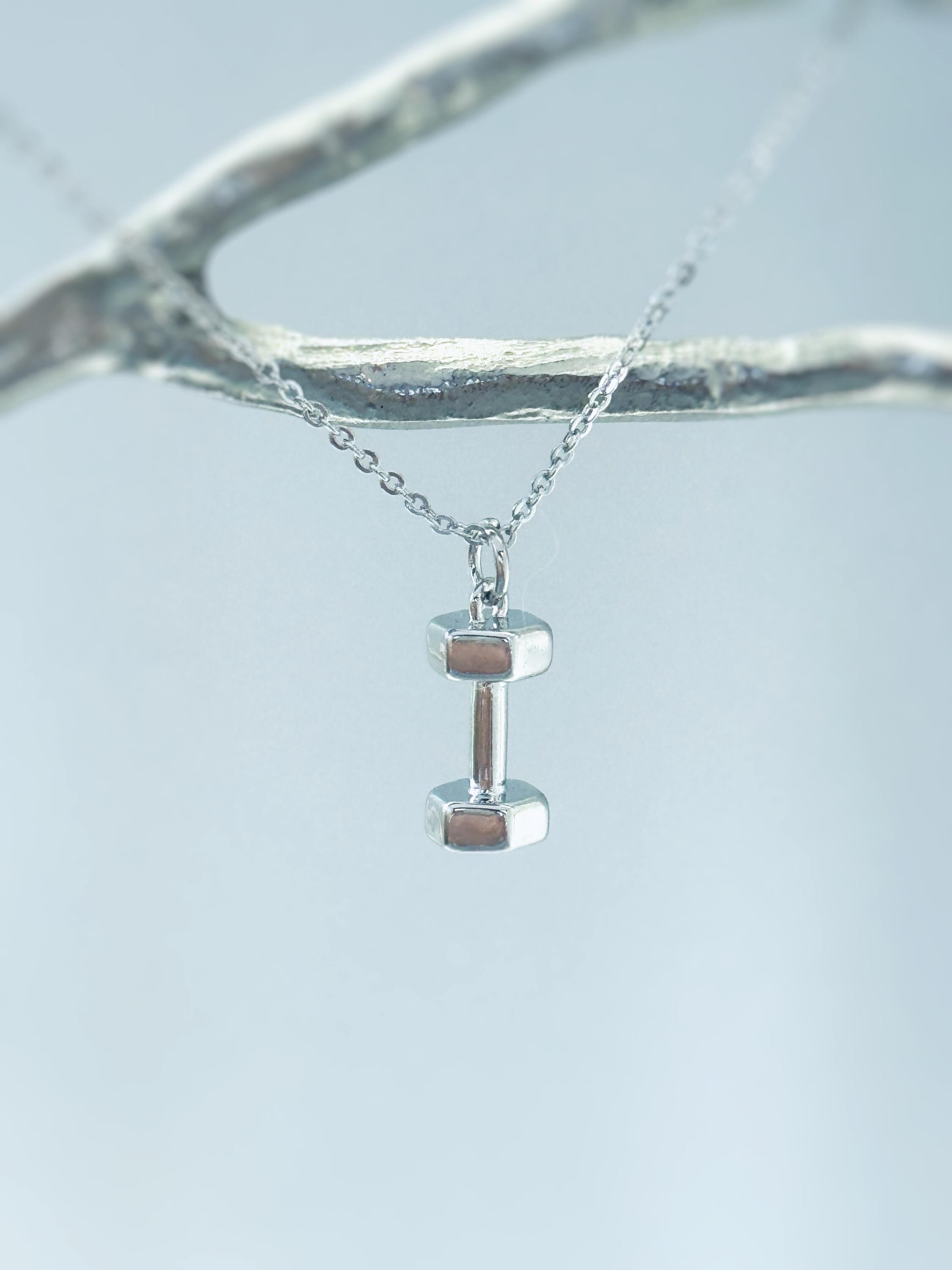 Dumbbell Necklace silver, gold unique fitness accessories gym gift for personal trainers, powerlifters, weightlifters, women, men, athletes