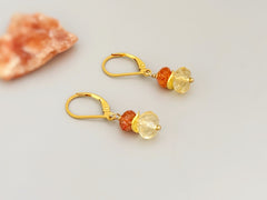 Colorful dangly drop orange Oregon sunstone and yellow citrine dangle earrings in your choice of gold fill, rose gold fill, or sterling silver.  A lovely gift for a mom, wife, or girlfriend. Handmade November birthstone gemstone jewelry for women.