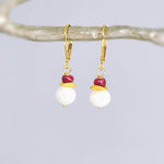 Dainty Pearl and Ruby Earrings dangle 14k gold Sterling Silver dangly handmade red gemstone freshwater pearl jewelry July birthstone gift