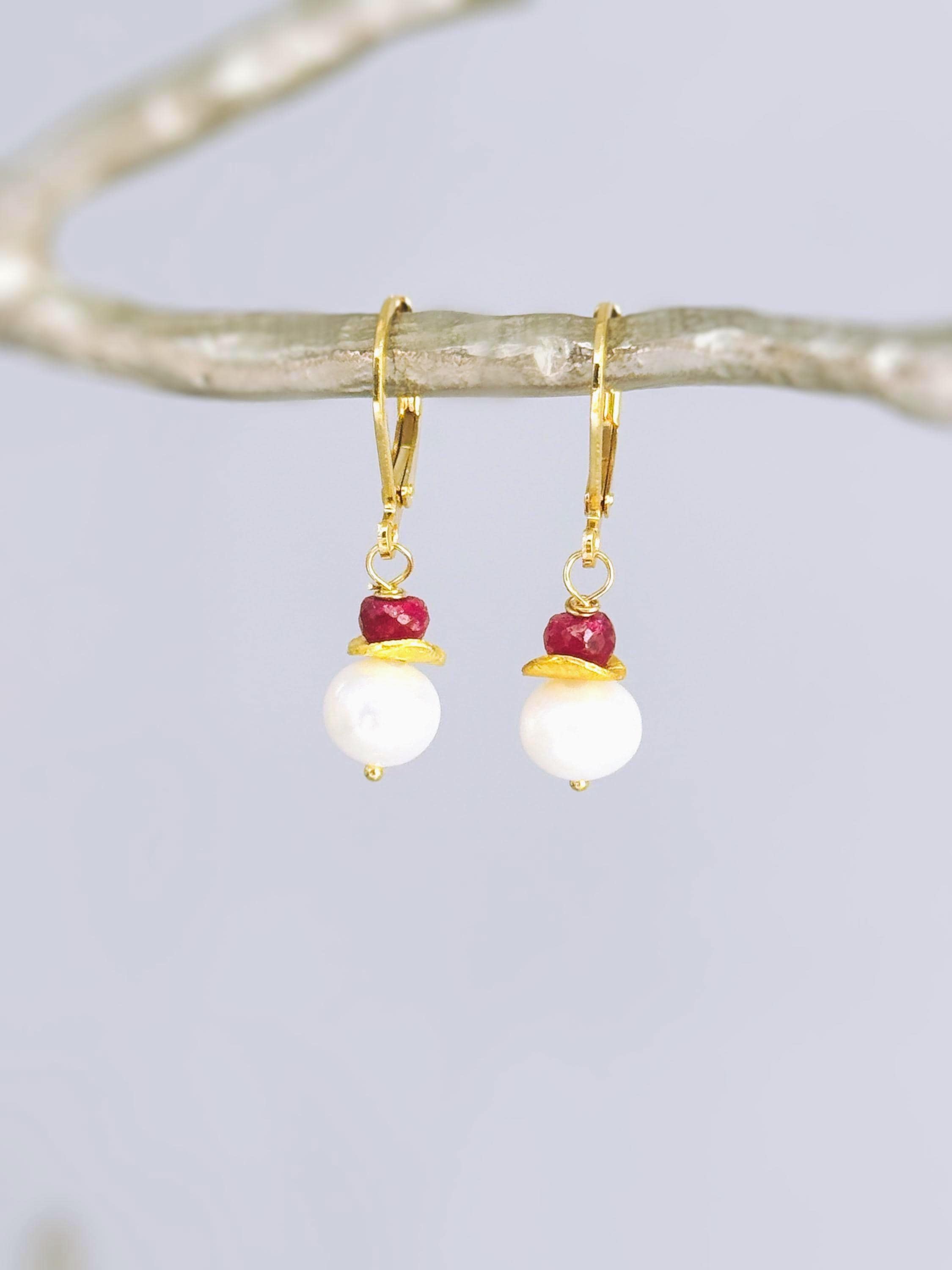 Dainty Pearl and Ruby Earrings dangle 14k gold Sterling Silver dangly handmade red gemstone freshwater pearl jewelry July birthstone gift