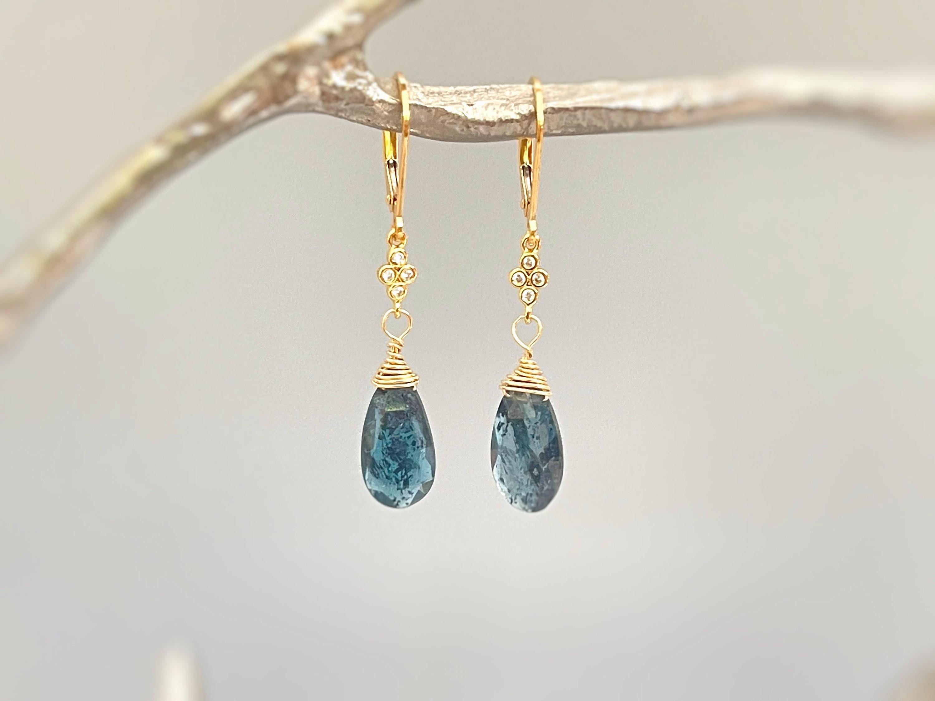 Moss Kyanite earrings dangle, Sterling Silver Crystal dangly boho unique handmade blue green crystal jewelry for women, gift for mom, wife