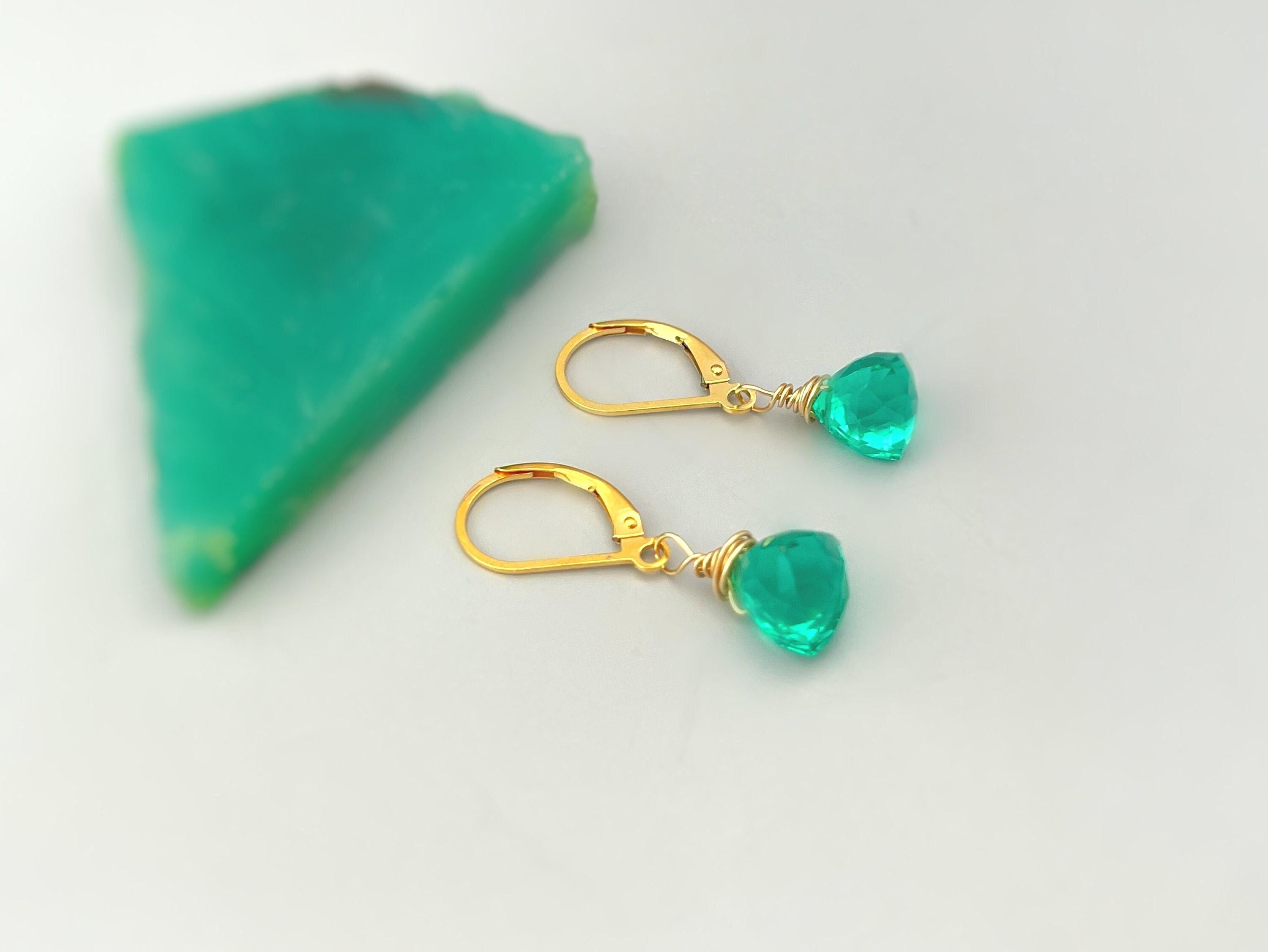 Emerald Green Gemstone earrings dangle 14k gold, Sterling Silver, Rose Gold Dainty drop crystal Quartz dangly birthstone handmade jewelry