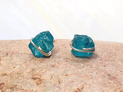 Organic Apatite Post Earrings, dainty raw Apatite stud earrings, artisan Apatite earrings