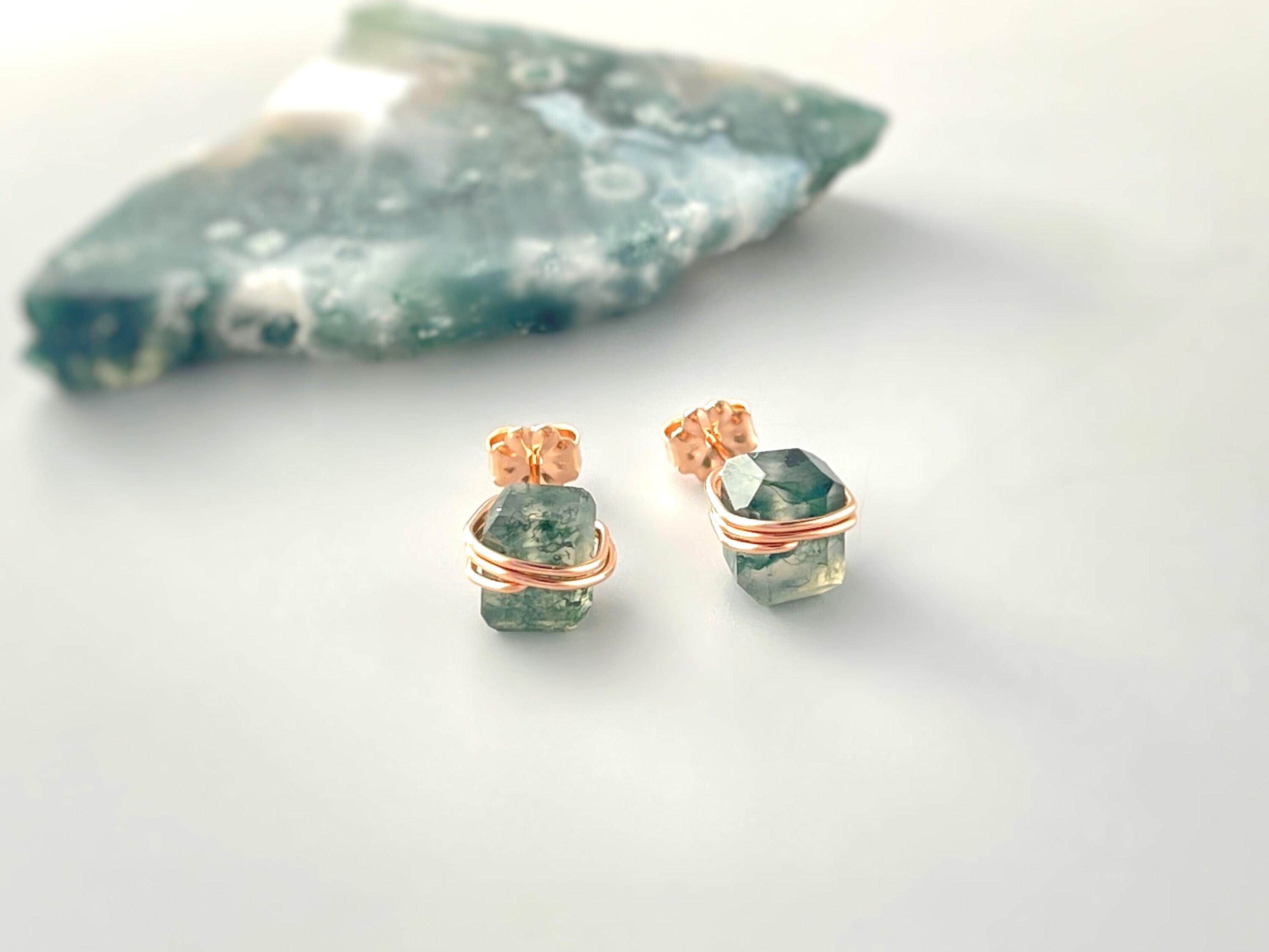 Moss Agate Earrings Stud Earrings Rose Gold Sterling Silver Handmade jewelry 14k Gold Fill minimalist dainty raw gemstone crystal earrings