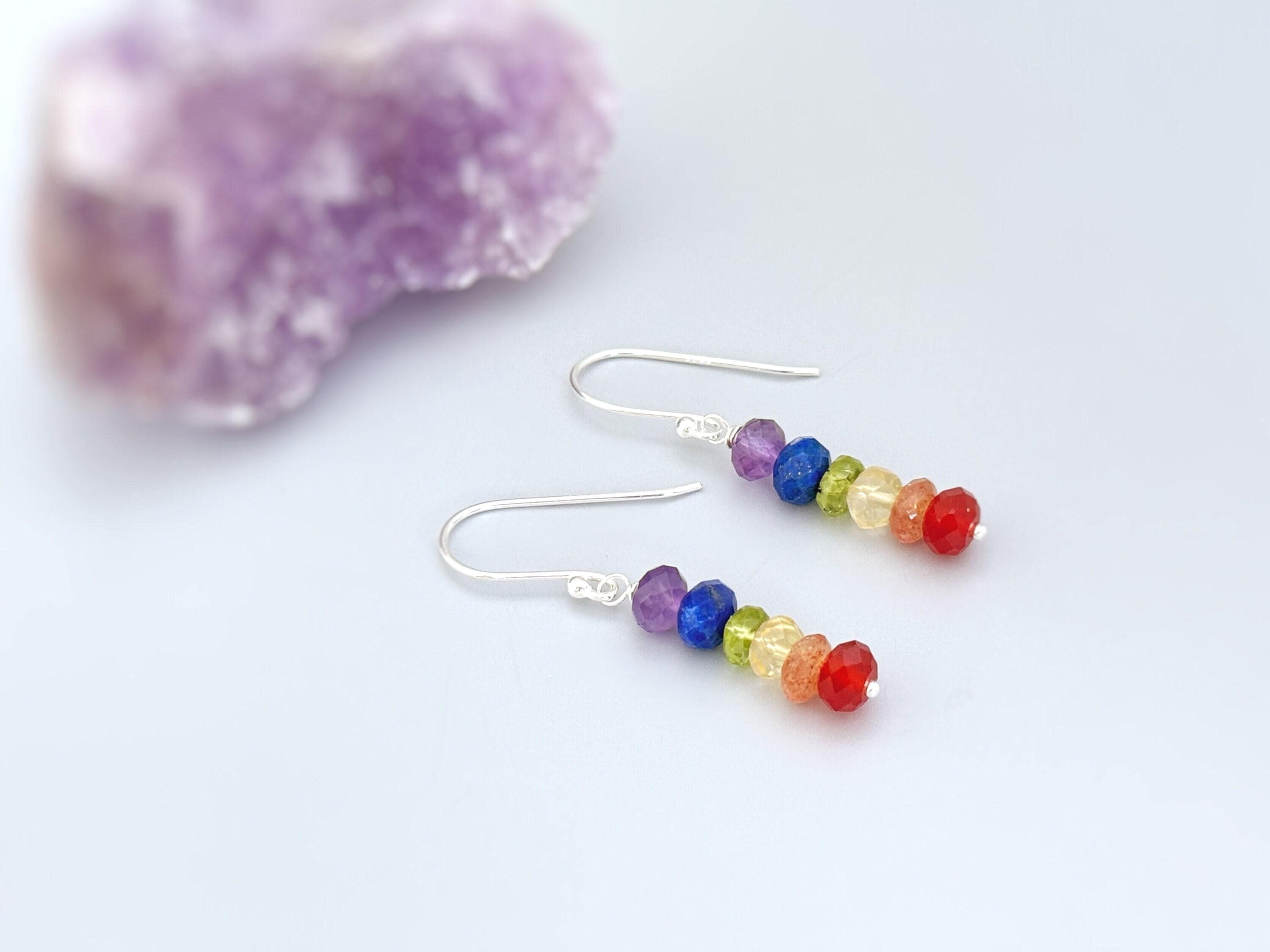 Unique colorful rianbow lesbian pride earrings. Handmade gemstone jewelry gift for girlfriends, wife, woman, her