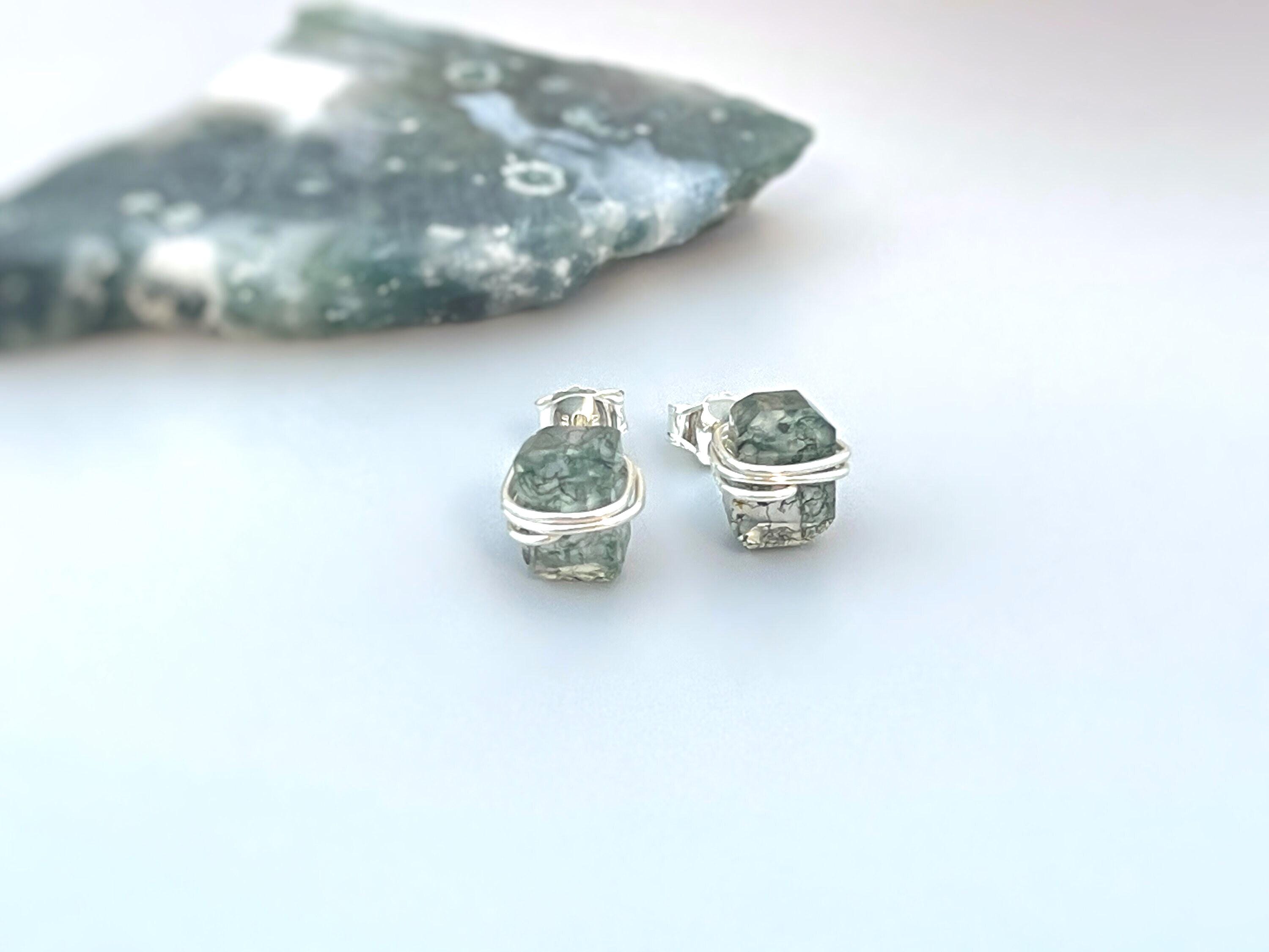 Moss Agate Stud Earrings Rose Gold, 14k gold Fill, Sterling Silver