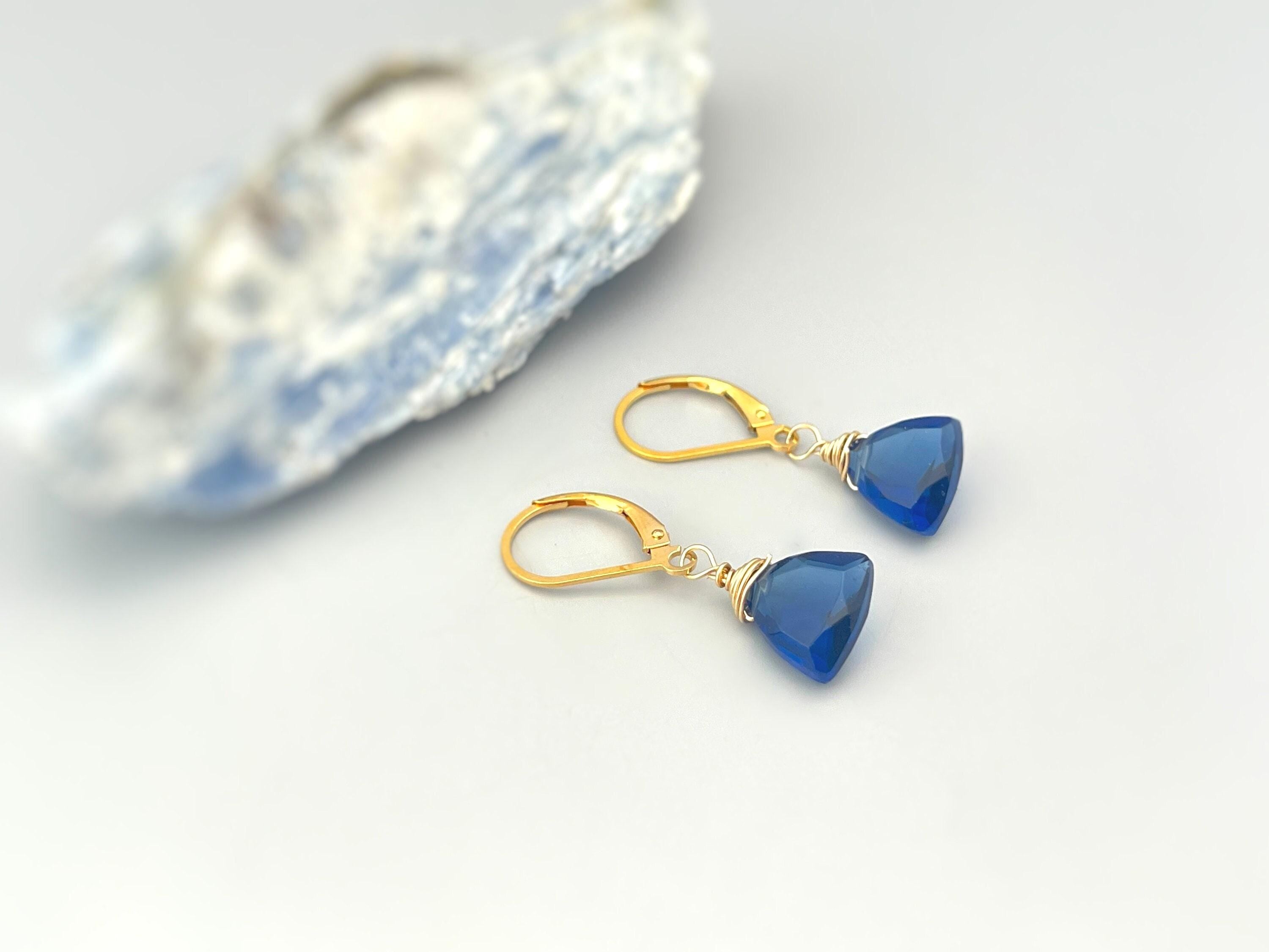 Dainty Sapphire Blue Quartz Earrings dangly 14k gold, sterling silver