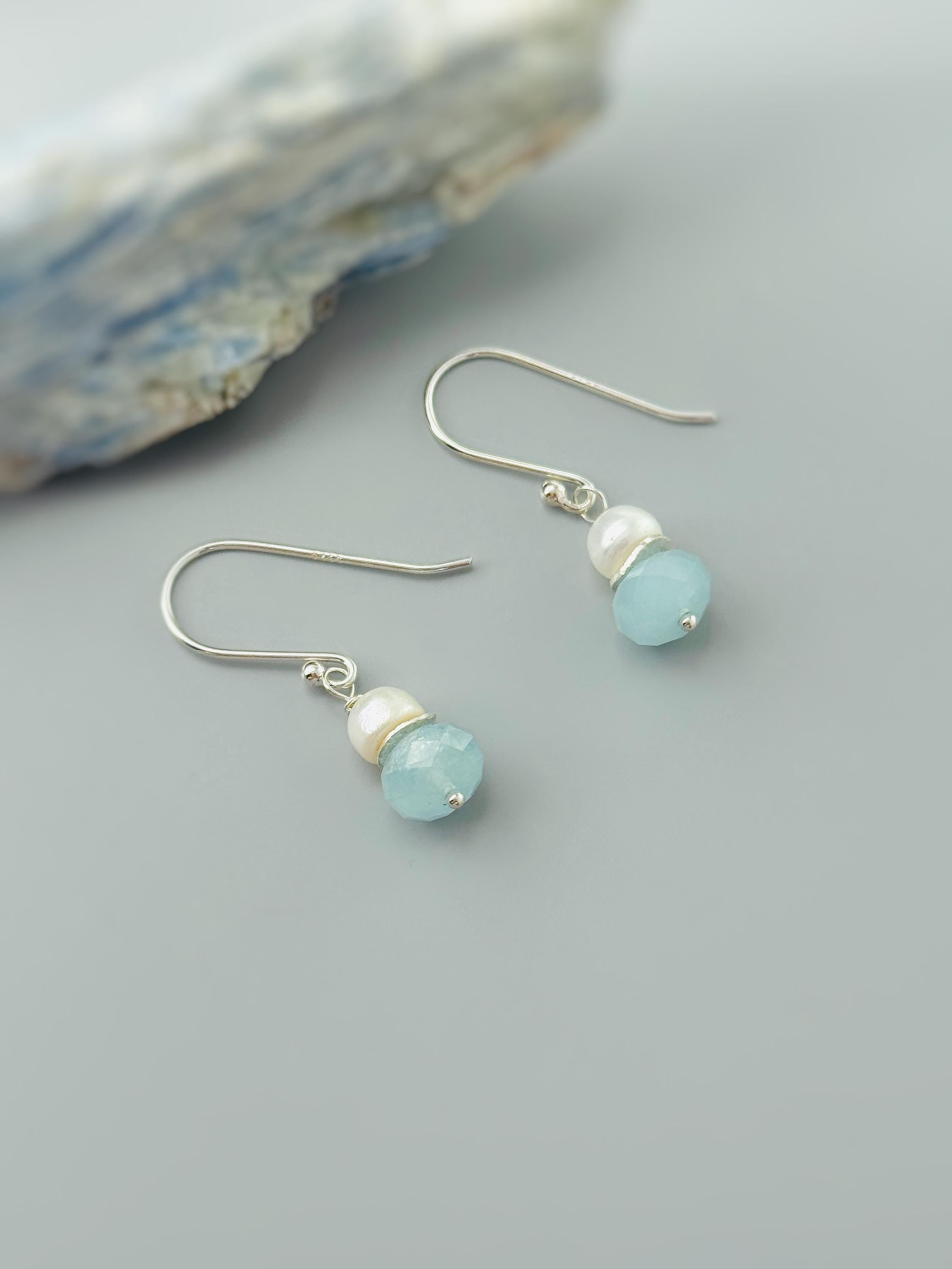 Pearl and Aquamarine Earrings Drop Dangle 14k Gold Fill Sterling Silver Handmade Blue Gemstone Jewelry March birthstone gift for mom, wife