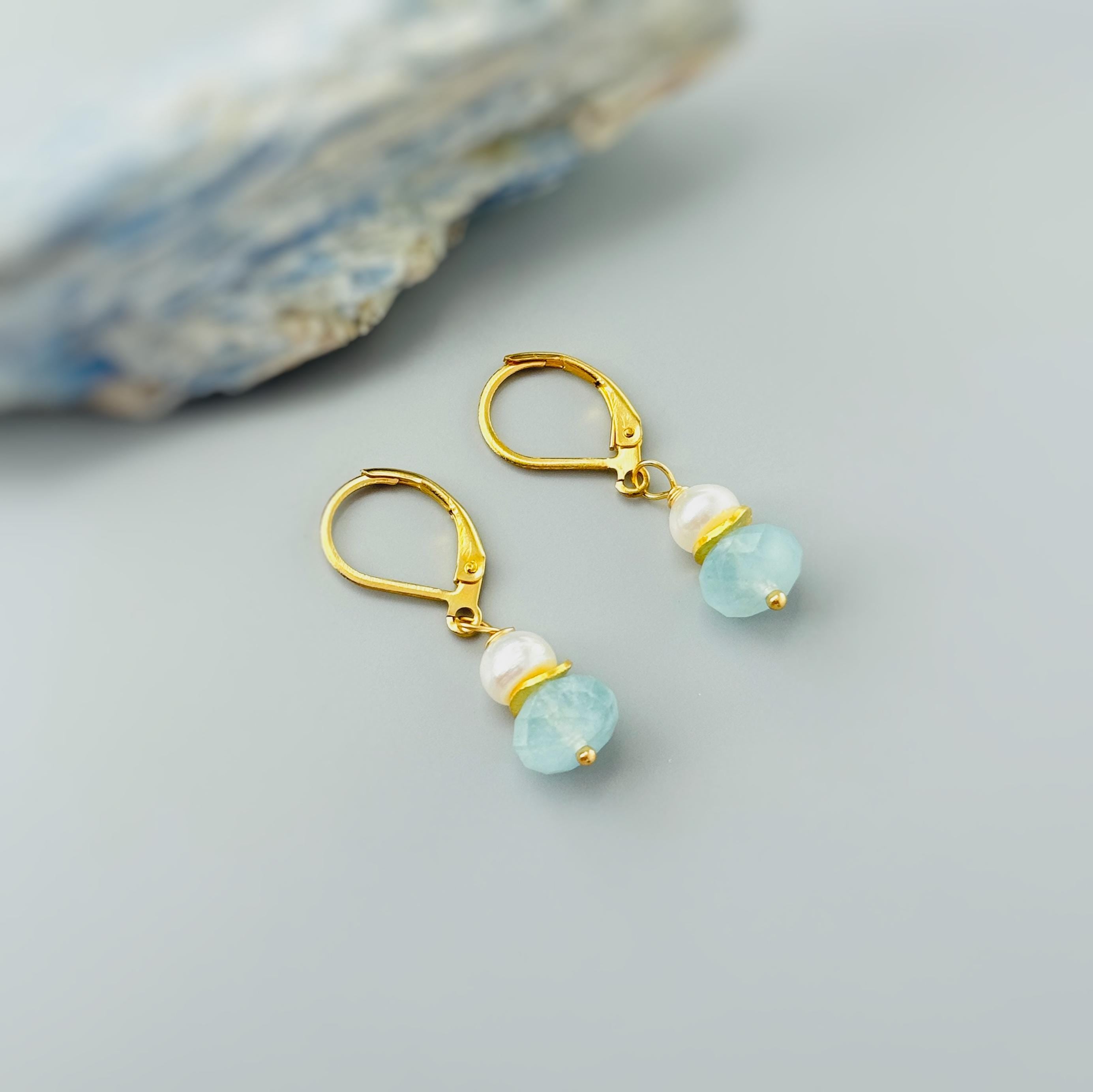Freshwater Pearl and Aquamarine Earrings Drop Dangle 14k Gold Fill Sterling Silver Handmade Blue Gemstone Jewelry March birthstone gift for mom, wife