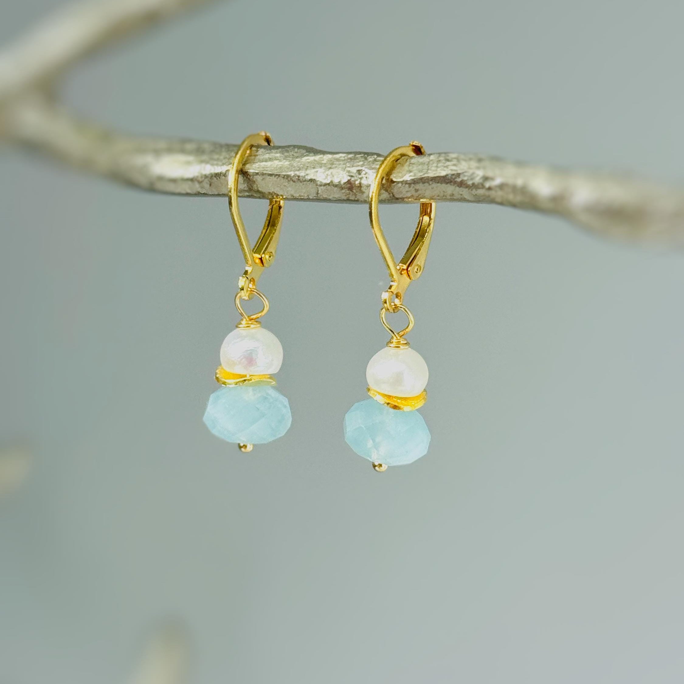 Freshwater Pearl and Aquamarine Earrings Drop Dangle 14k Gold Fill Sterling Silver Handmade Blue Gemstone Jewelry March birthstone gift for mom, wife